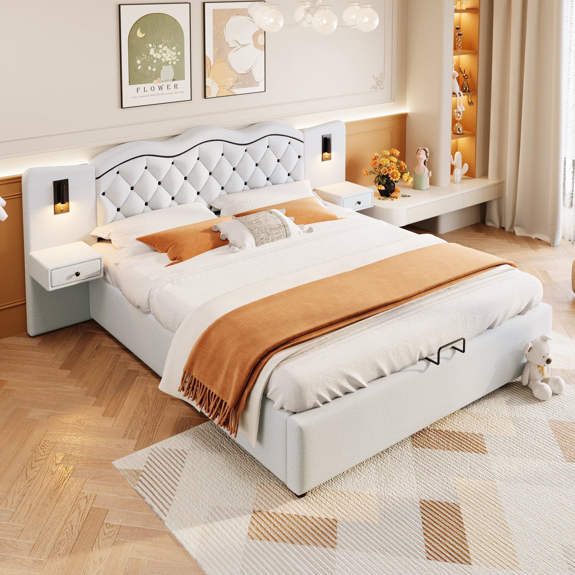 Upholstered Bed 180x200cm Hydraulic Lift Storage Headboard USB Lamps - Beige