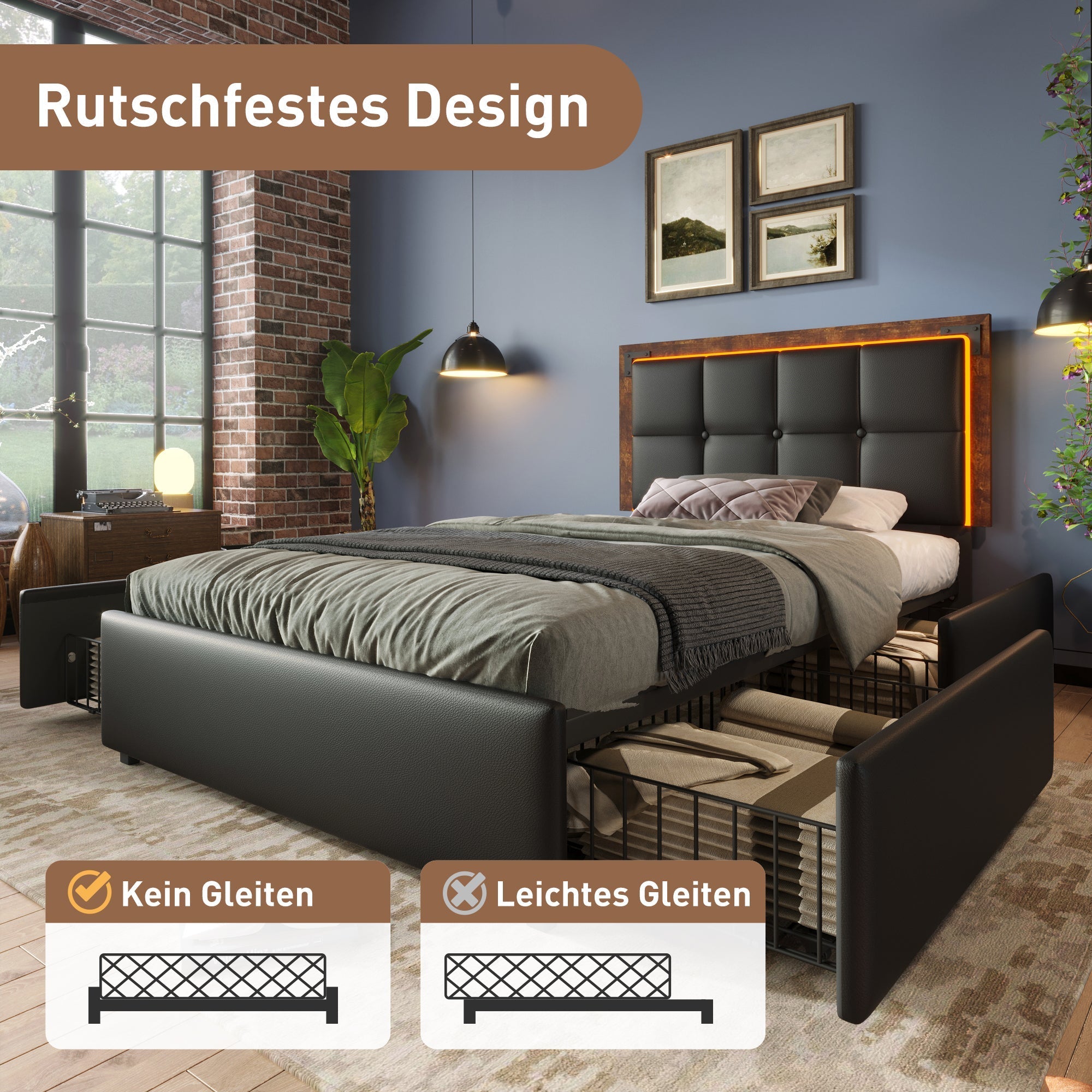 Bed Frame, LED, 4 Drawers, Adjustable Headboard, Black PU