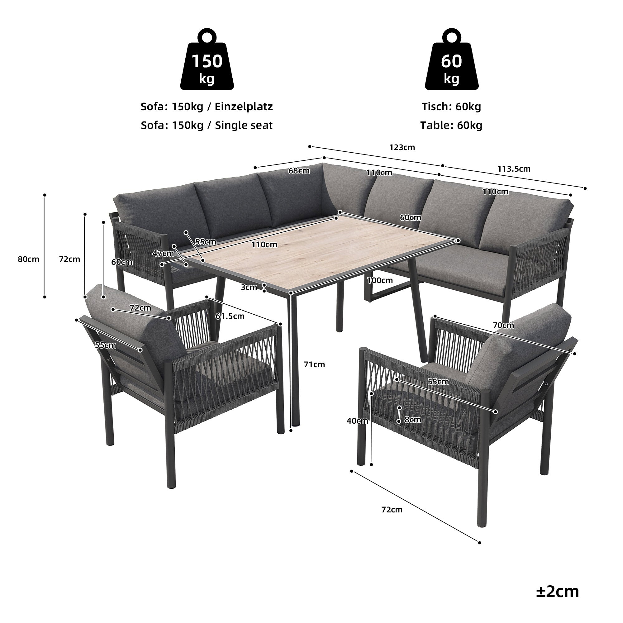 L-Shaped Garden Lounge Seating Group with Table and 2 Armchairs, Seats 7-8, Grey