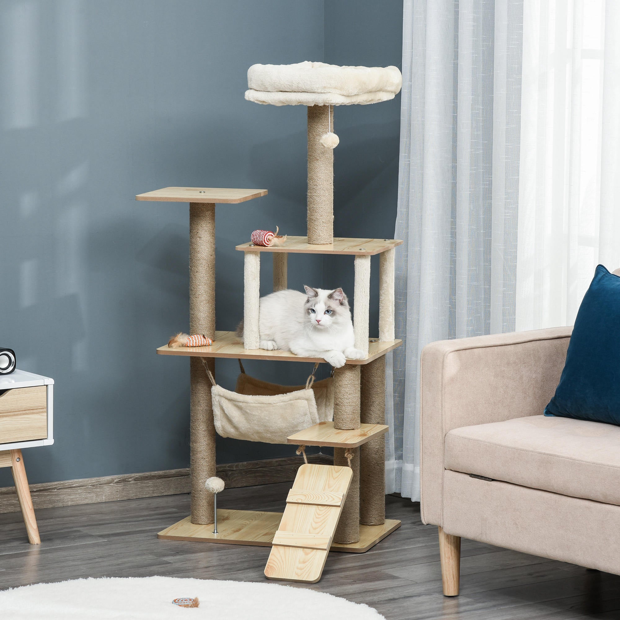 Cat Tree Wood with Climbing & Cave, Jute Posts, 60x40x130cm, Yellow