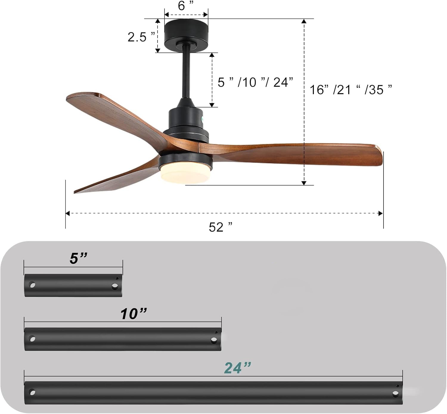 52-inch Ceiling Fan with Light, 6 Speed, Remote Control, DC Motor, Walnut Wood