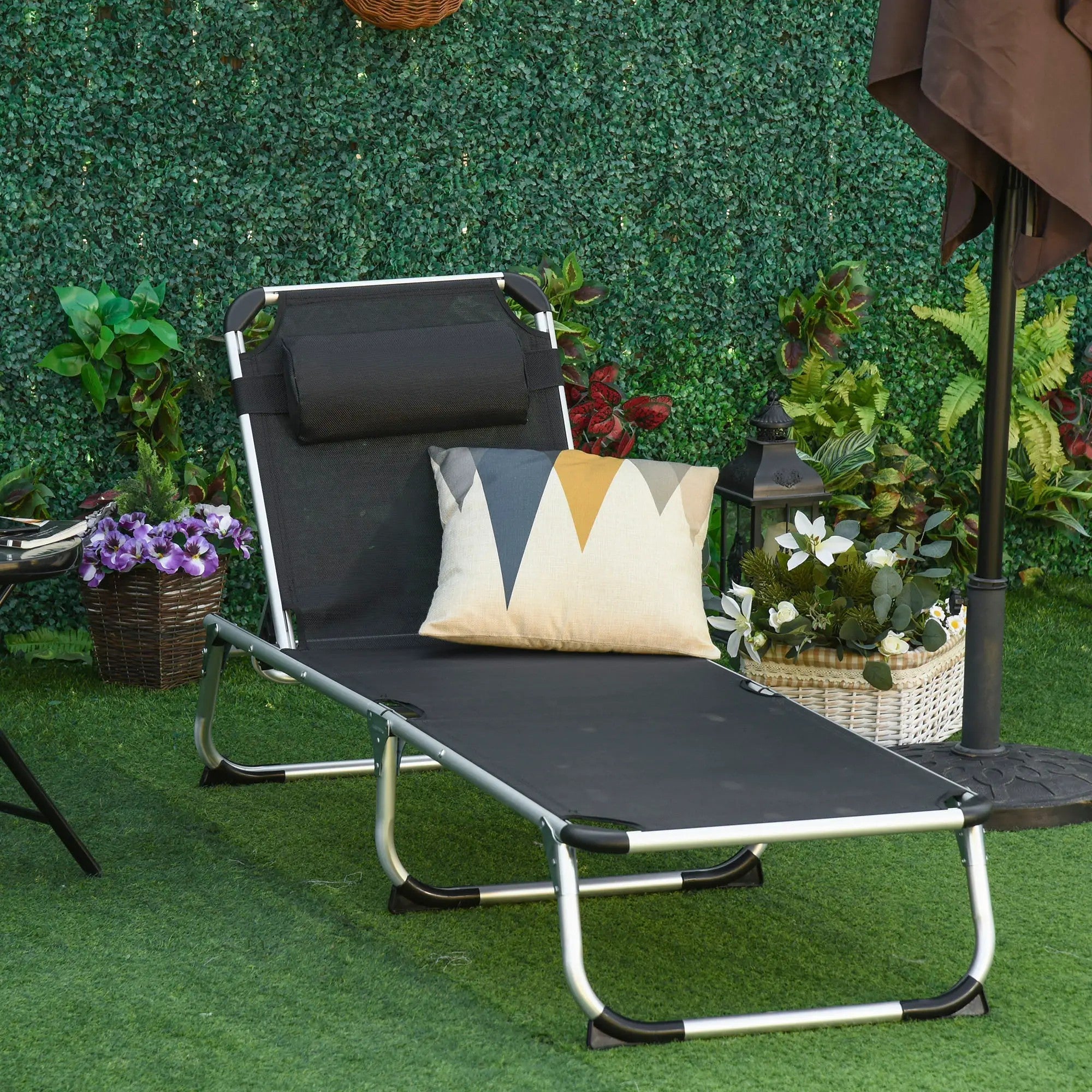 Sun Lounger Adjustable Foldable Ergonomic 170x60x76cm Mesh Fabric Black