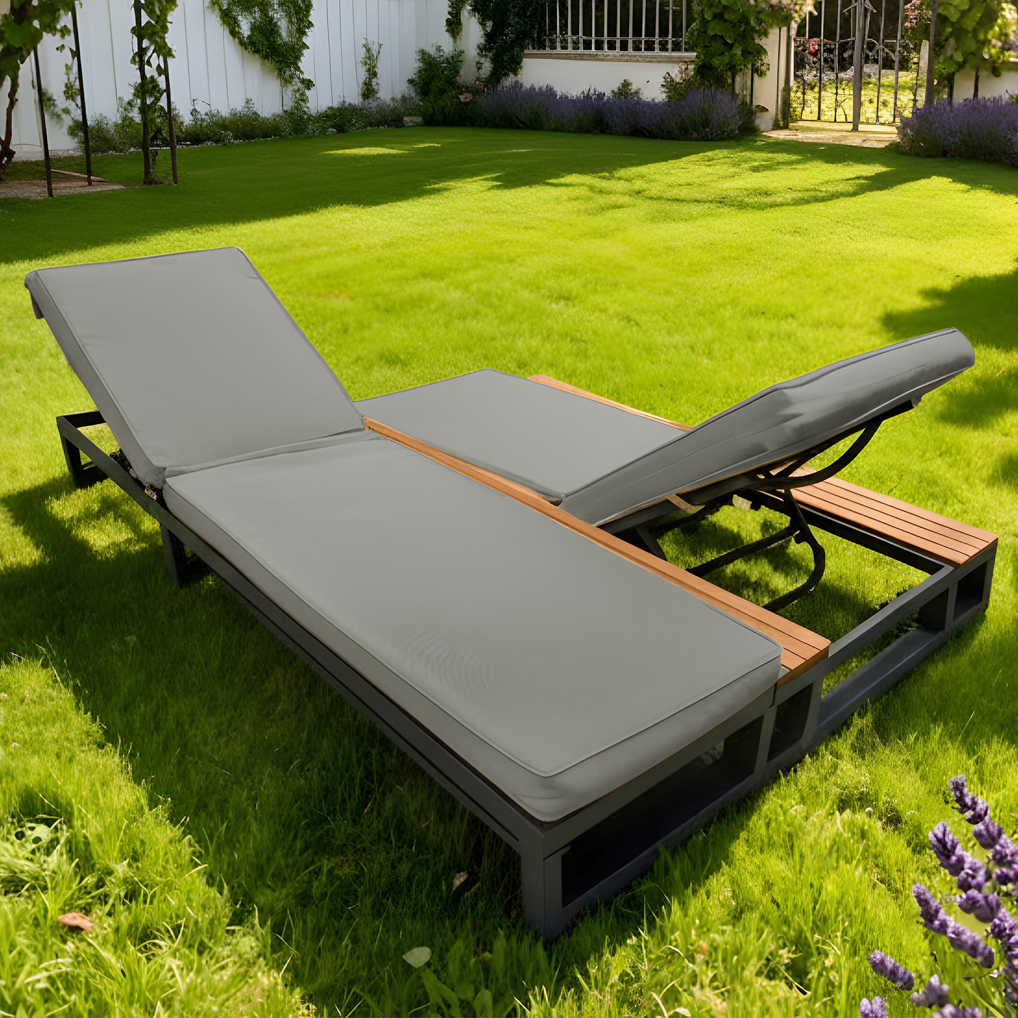 Outdoor Patio Daybed with Adjustable Backrest and Side Shelves, Waterproof Double Lounger, Gray