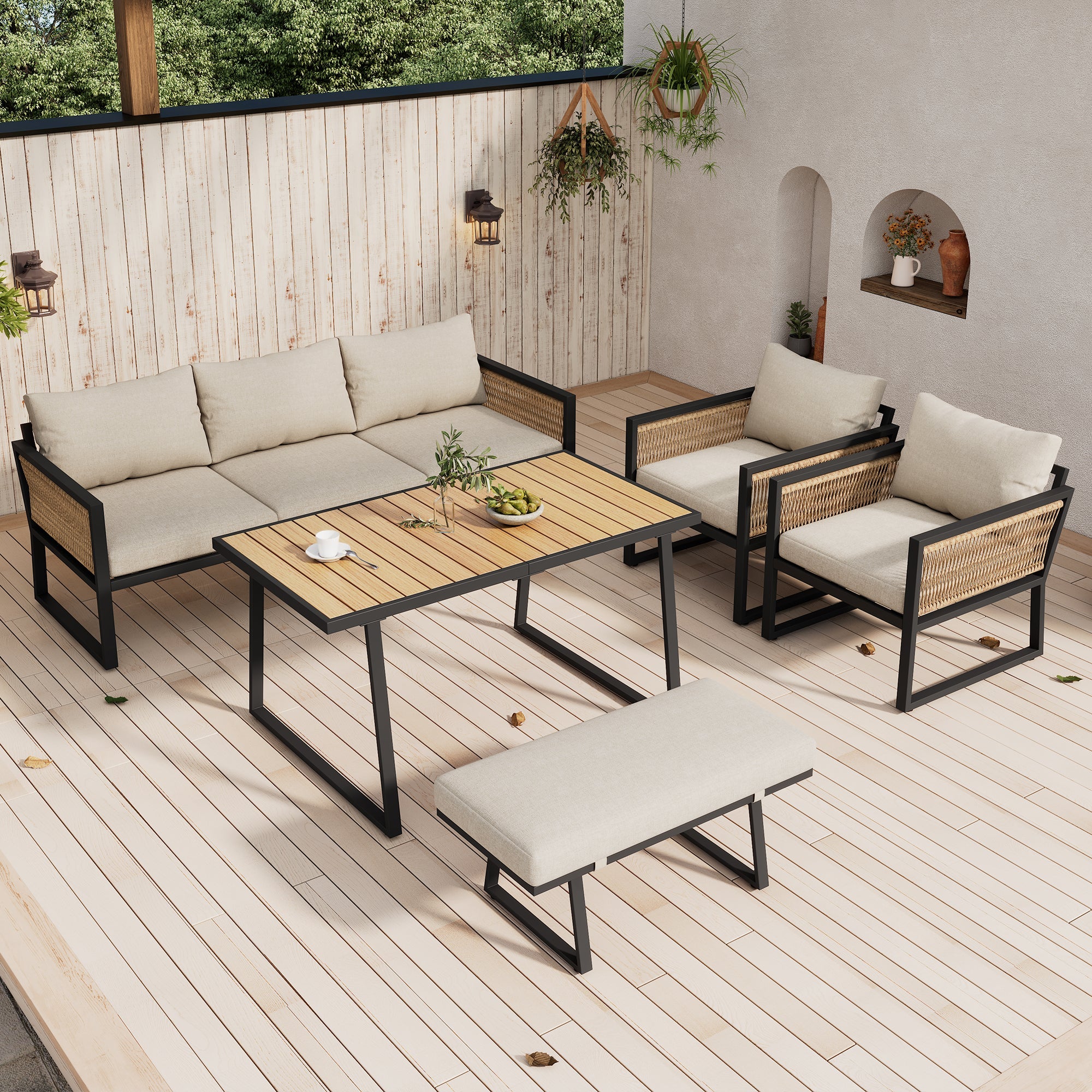 5-Piece Garden Dining Set with 3-Seater Sofa, 2 Armchairs, Stool and Table, Woven Rope and Steel, Beige