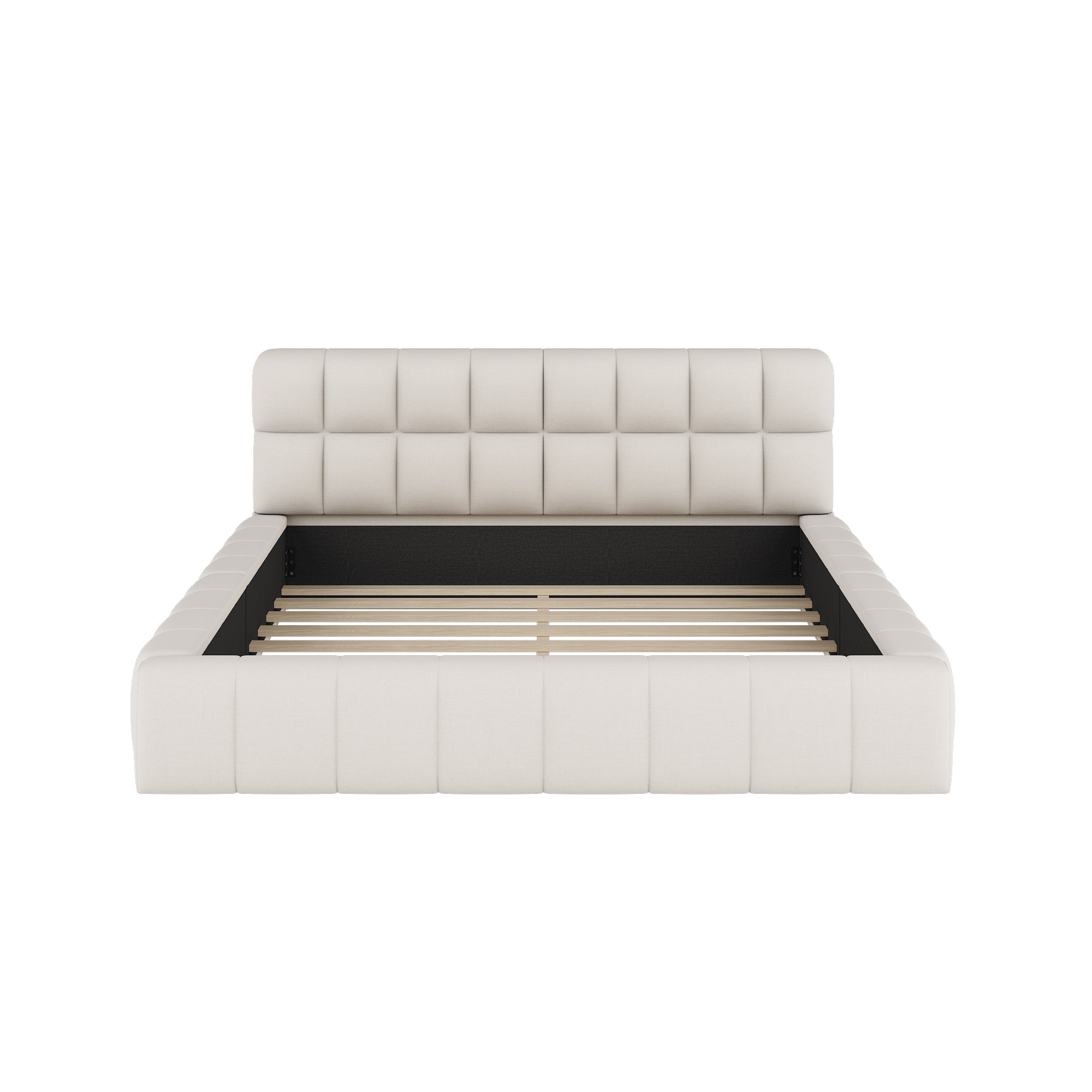 Upholstered Bed, 140x200cm Double with Soft Backrest, Linen Beige