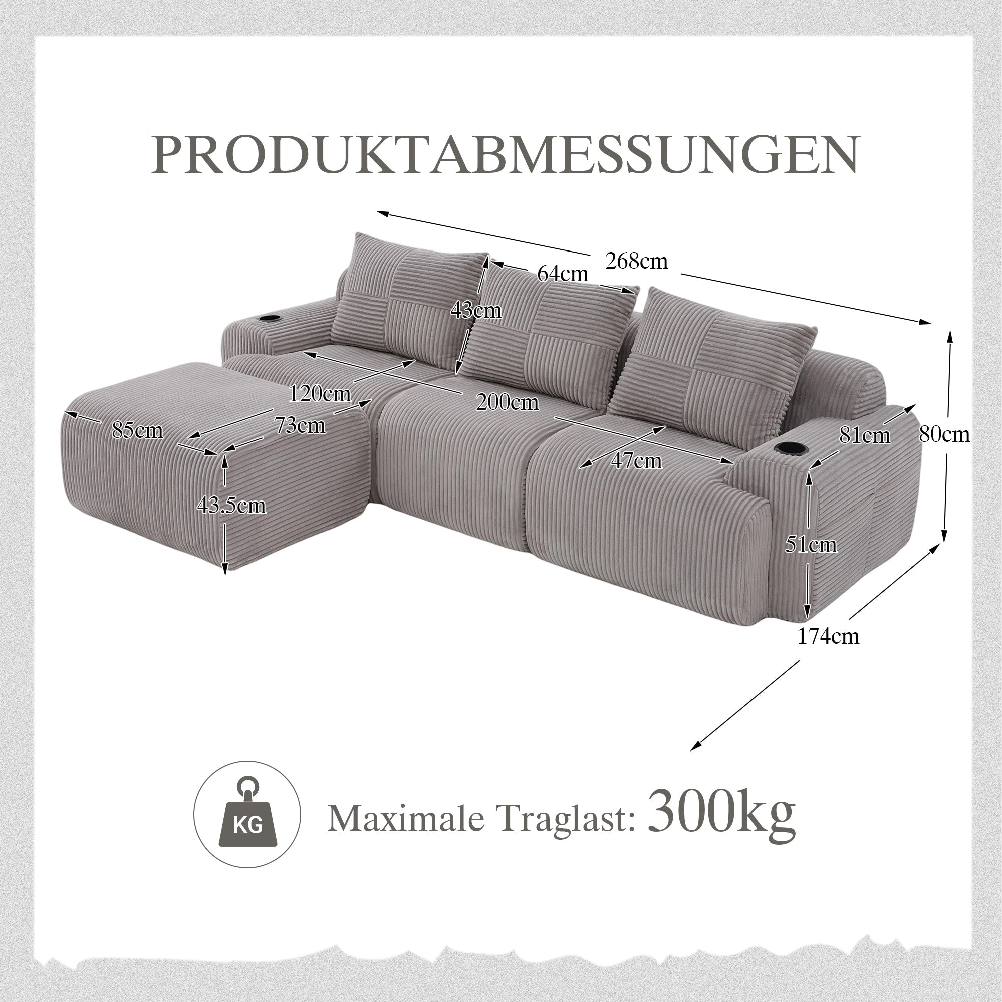 3-Seater Modular Corduroy Sofa with Ottomans, Cup Holders and Storage, Light Grey