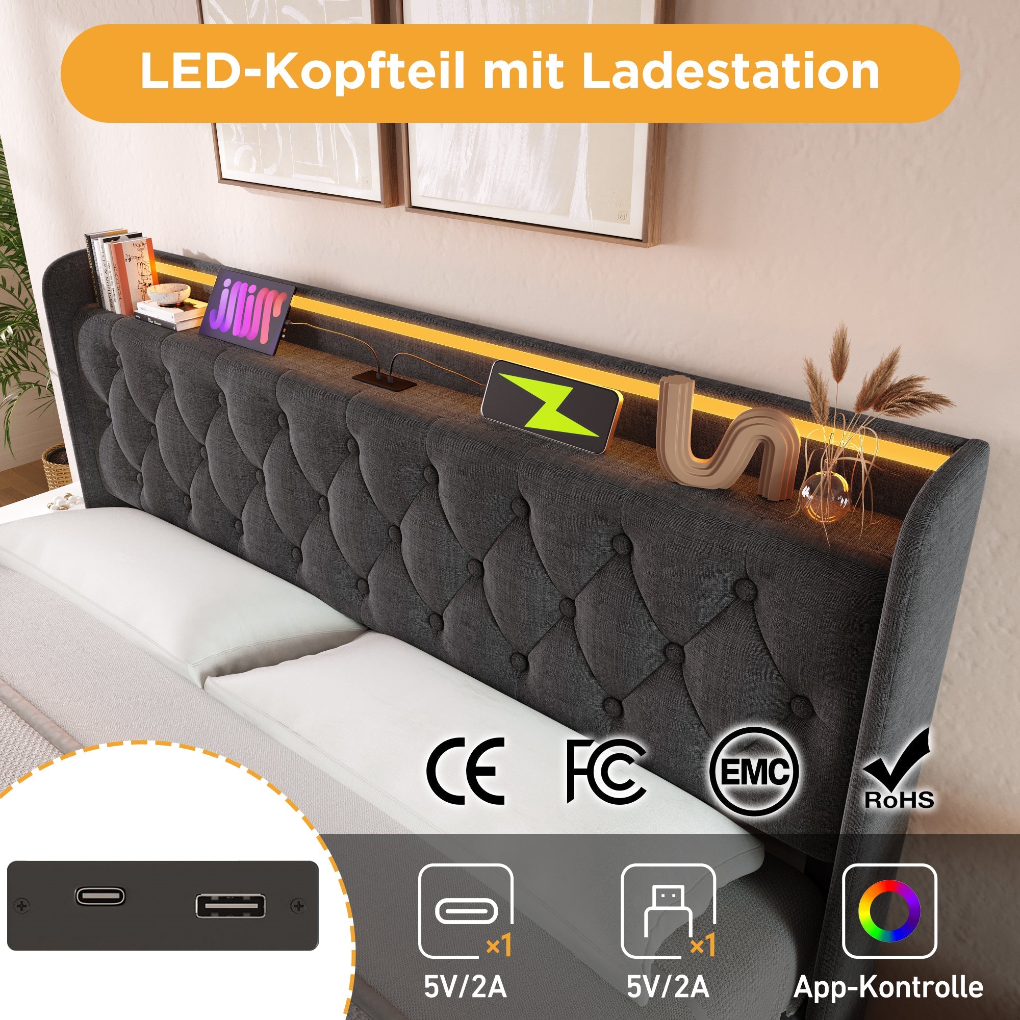 Upholstered Double Bed with 360-degree LED Lighting, Hydraulic Storage, USB Type-C and Padded Headboard, 140x190cm, Grey Linen