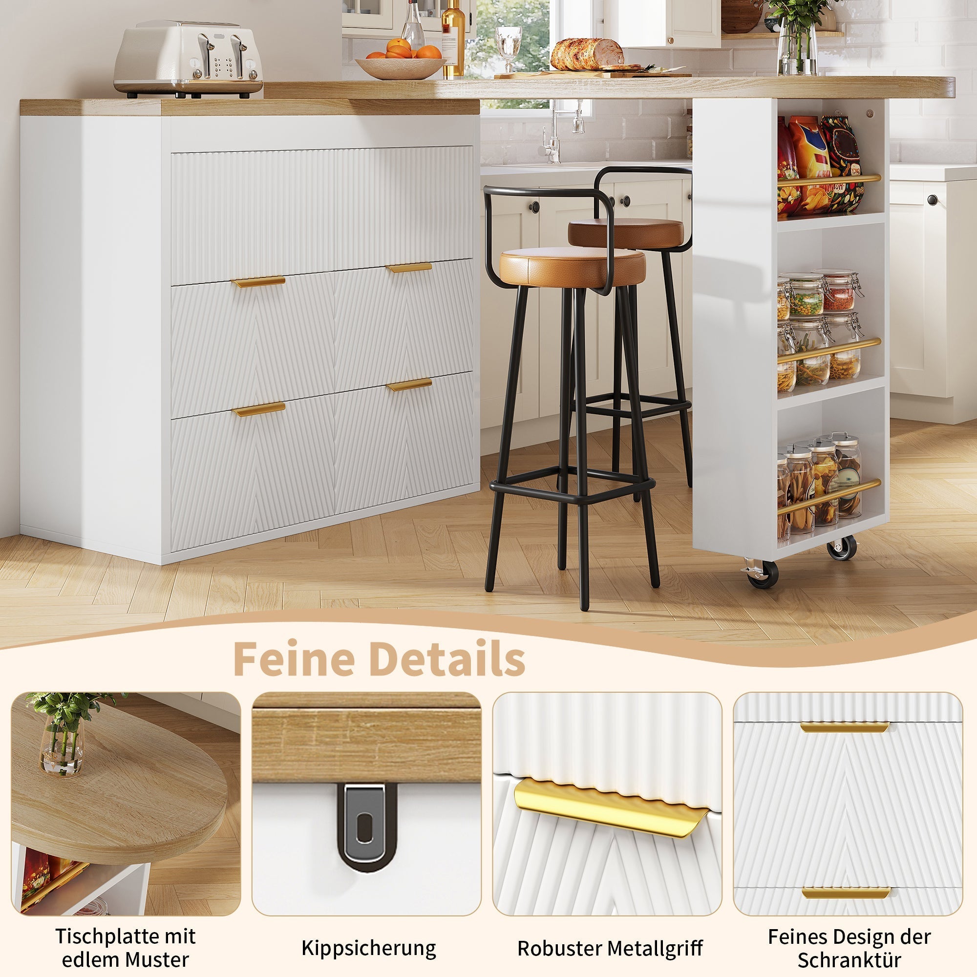 Multifunctional Bar Table with 6 Drawers and 360 Degree Rotation, White