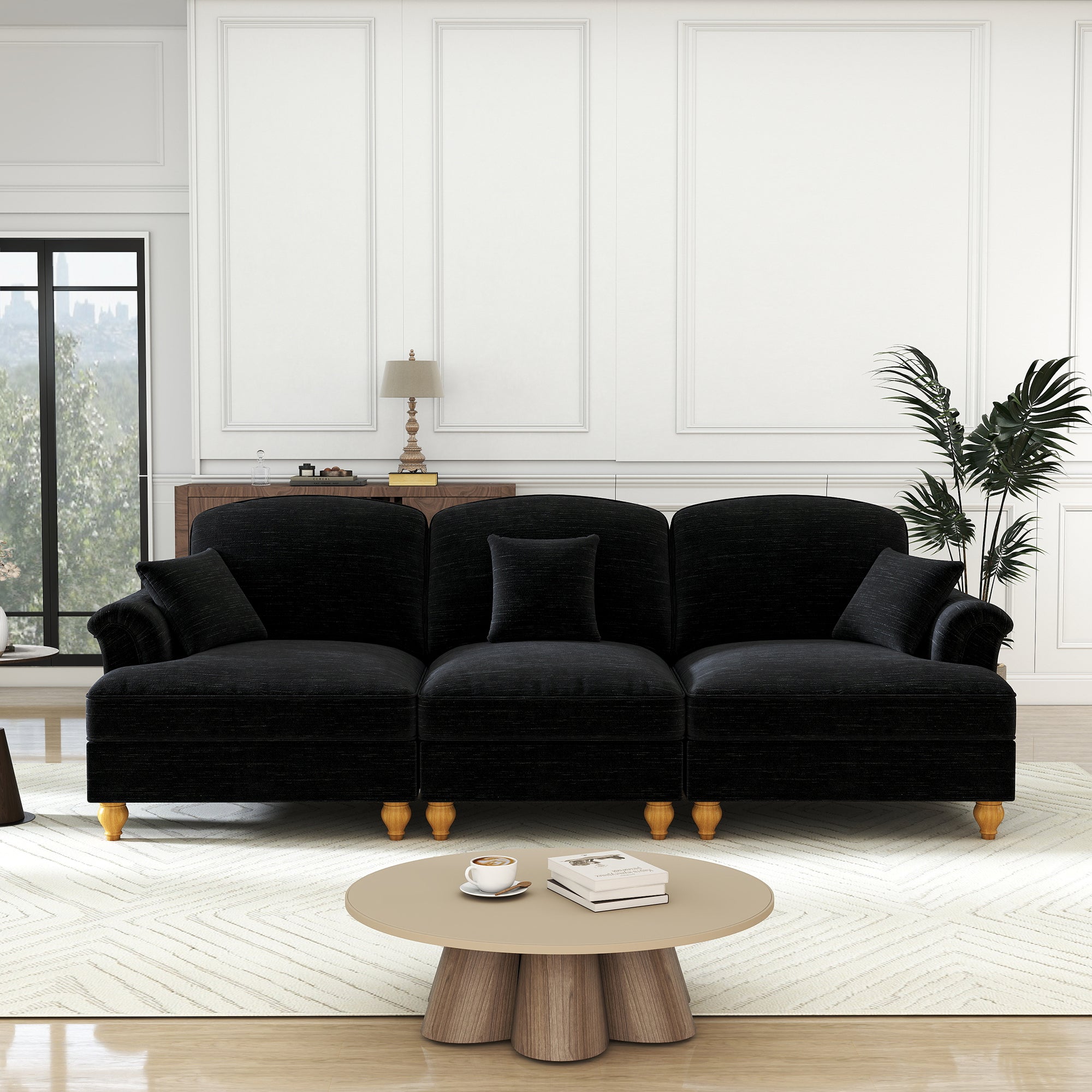 Sofa 3-seater Mid-Century Chenille Ruffled Apron - Black