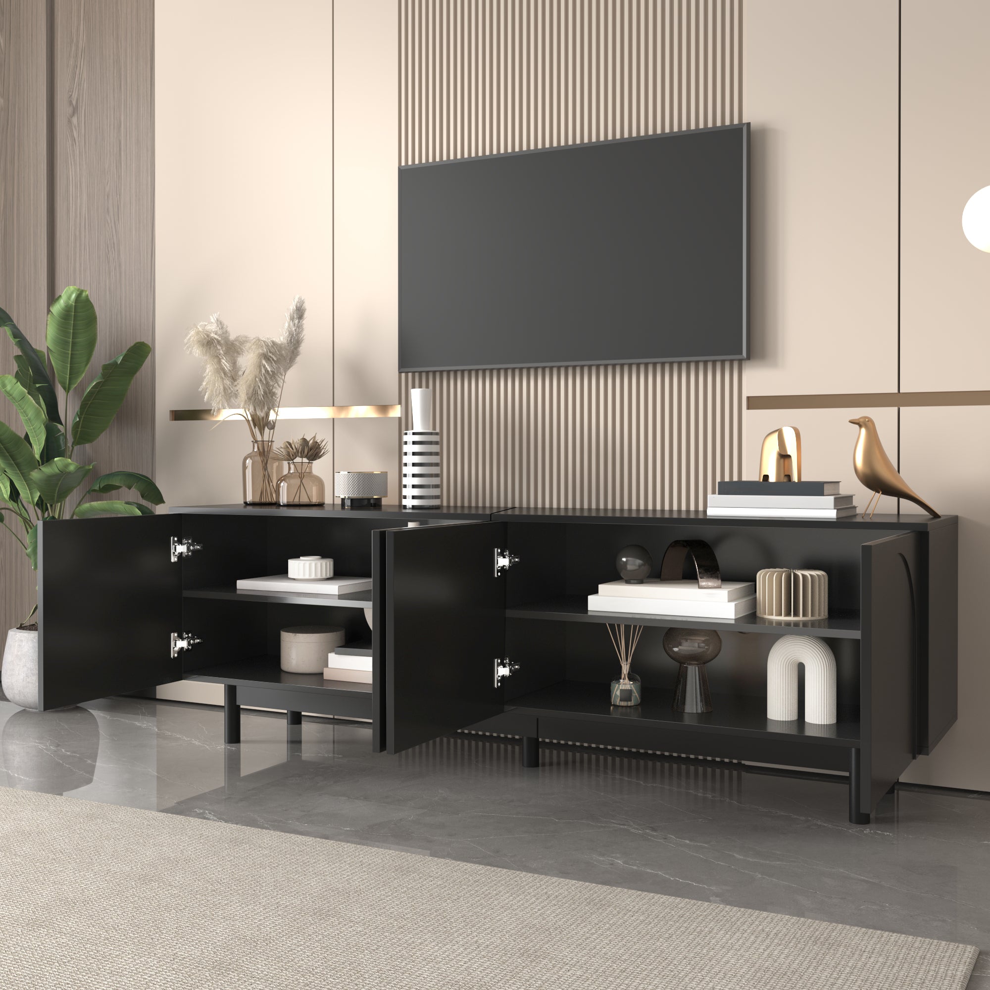 TV Cabinet 175cm Adjustable Shelves Lowboard Black