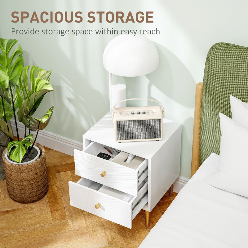 Elegant Bedside Table Two-Drawer White/Gold-Tone
