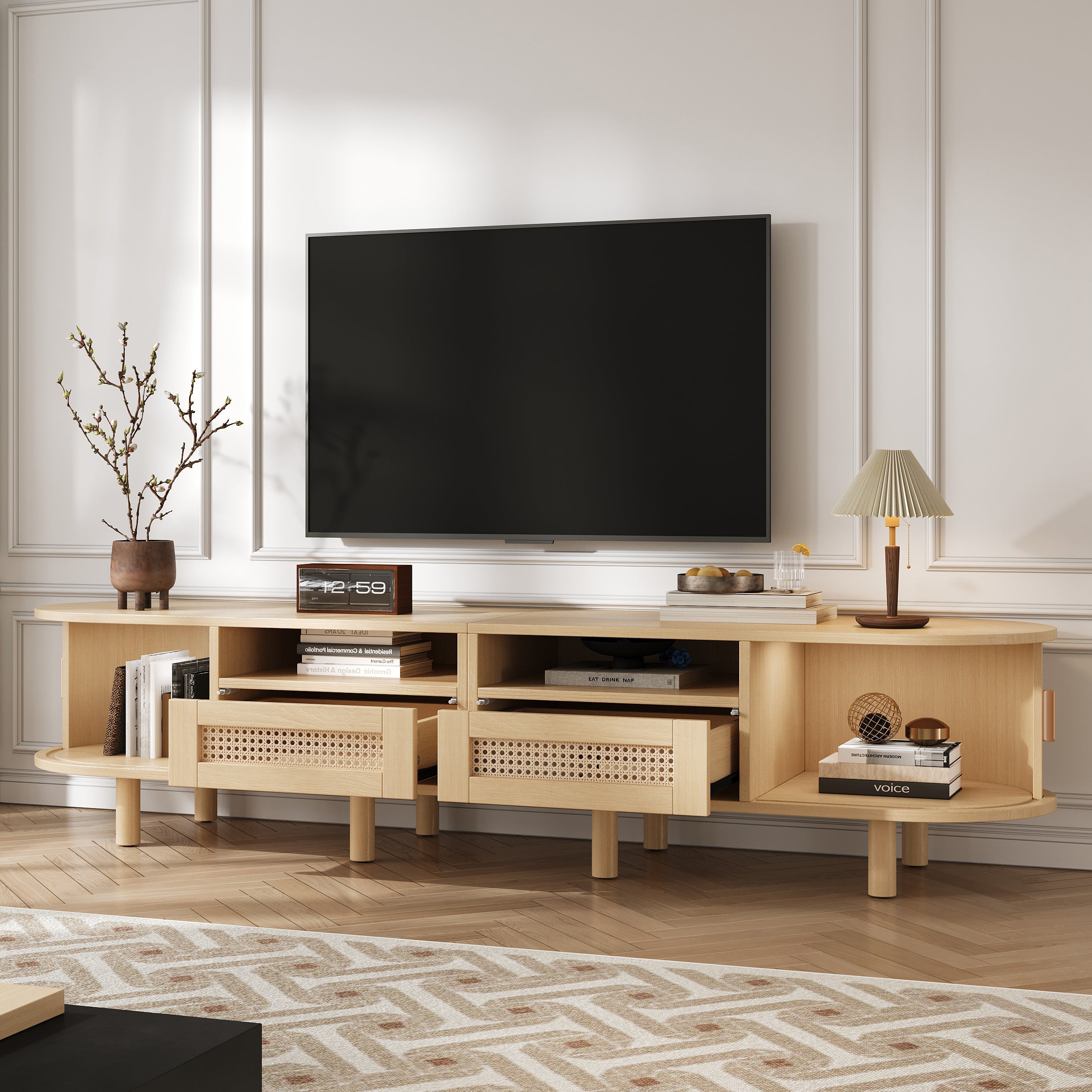 Oval TV Stand for 70 Inches, 2 Rattan Drawers, 2 Sliding Doors, Wood Color
