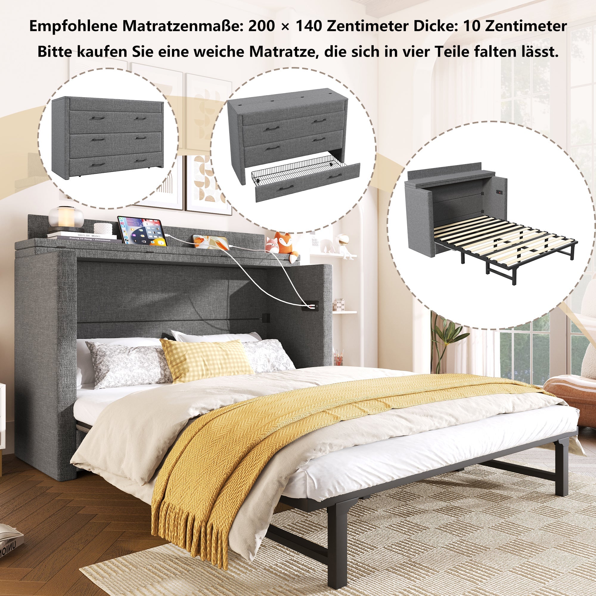 Mobile Murphy Bed with Storage and USB Ports, 140 x 200 cm, Grey Linen