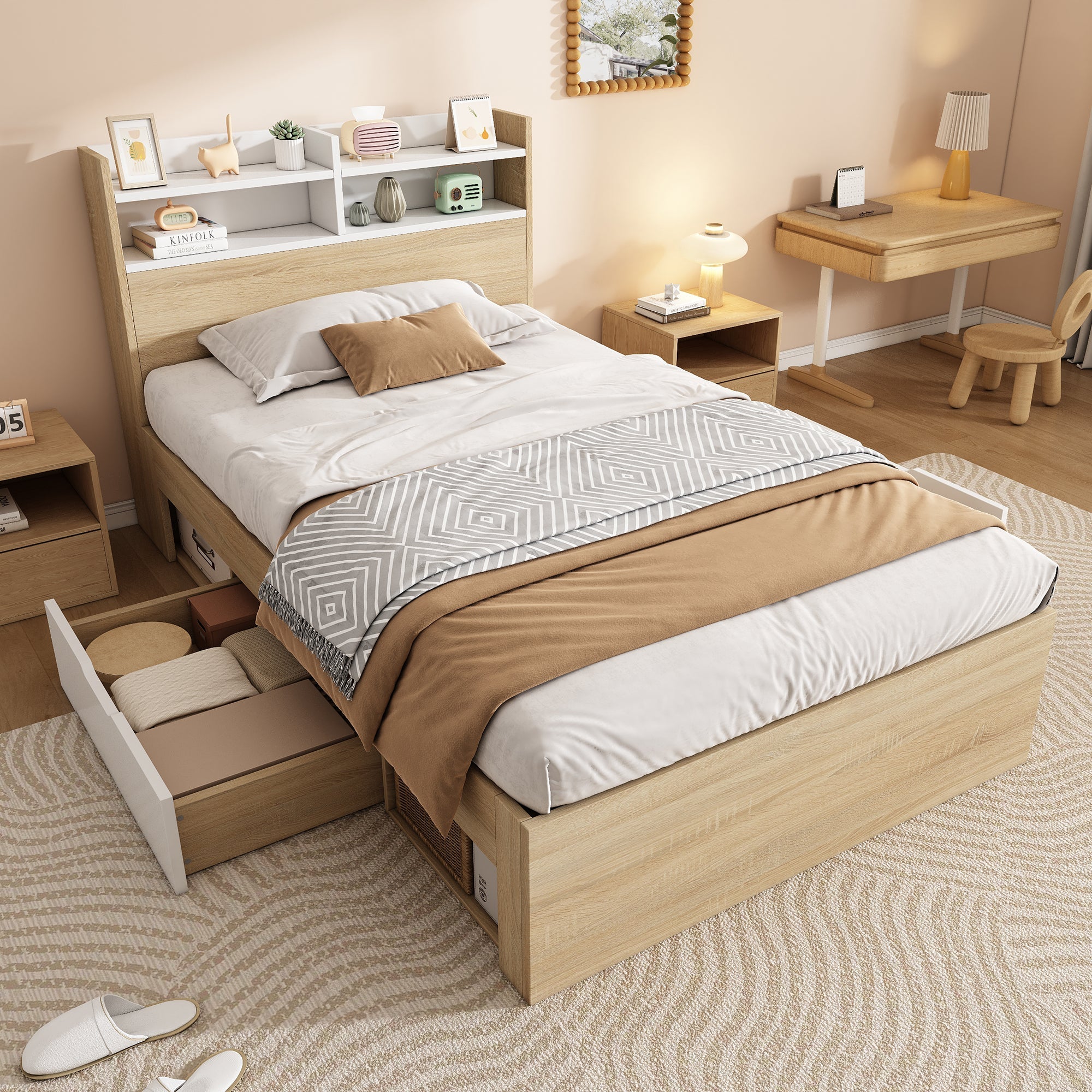 Wooden Single Bed with Headboard Shelf, 2 Drawers and Mattress, 90x200cm, White and Oak Solid Wood