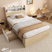 Wooden Single Bed 90x200 Storage with Headboard Shelf 2 Drawers - White/Oak