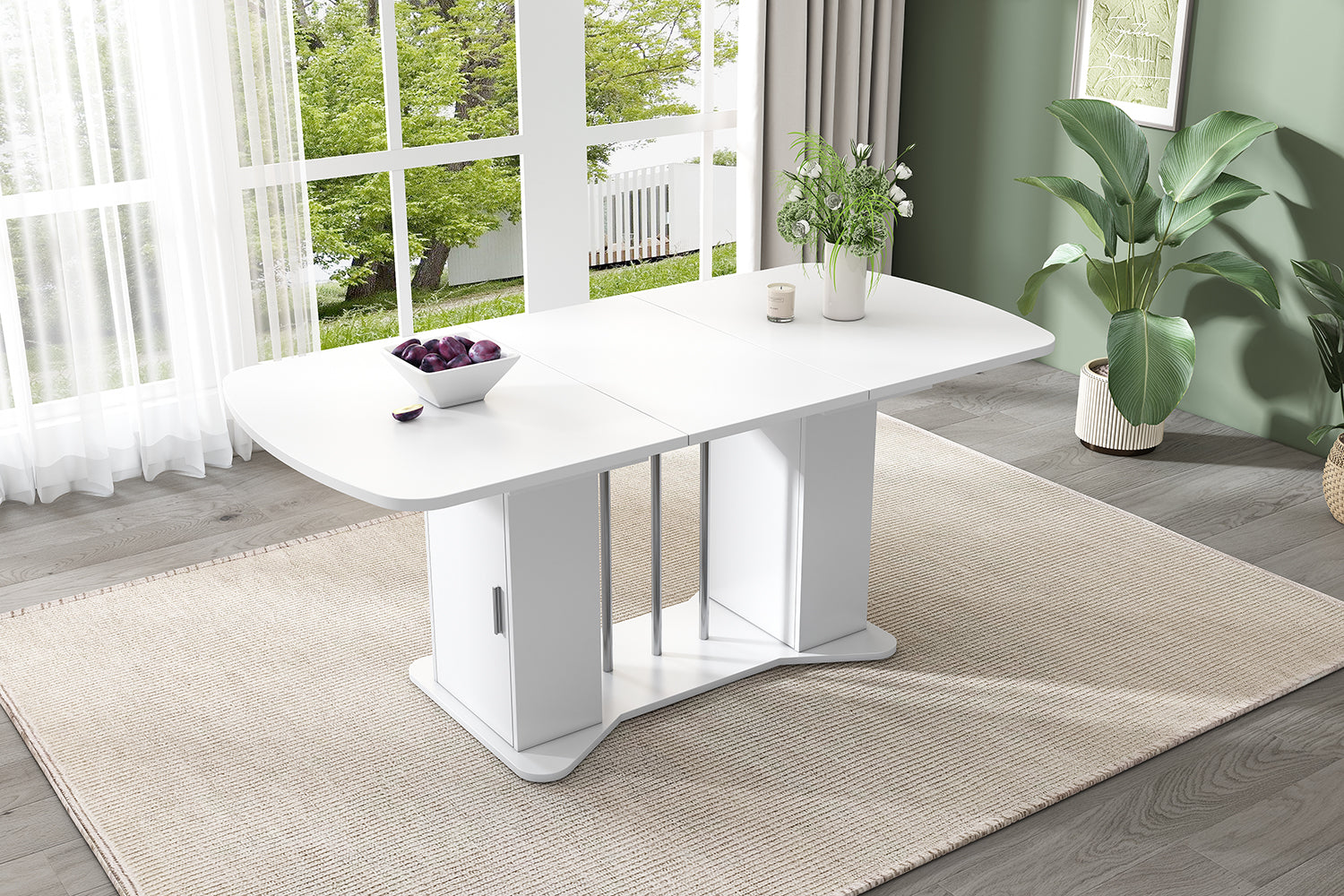 Extendable Dining Table 120/160x80cm Modern Storage - White/Silver Legs