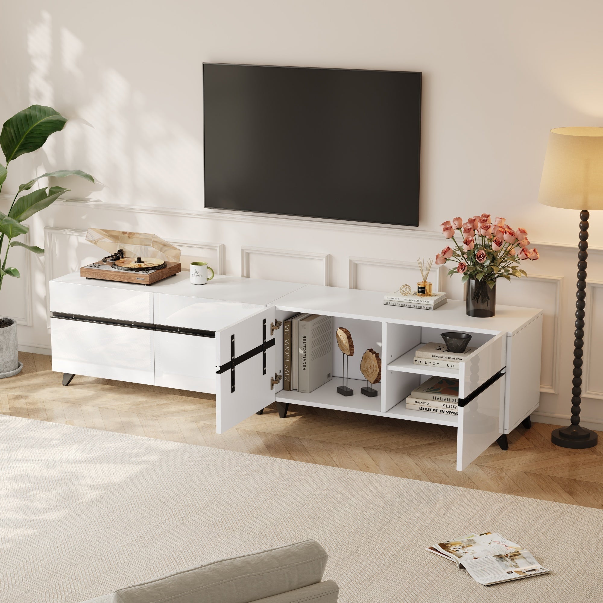 TV Cabinet High-Gloss Lowboard 4 Cabinets Adjustable Dividers 180x40x49cm