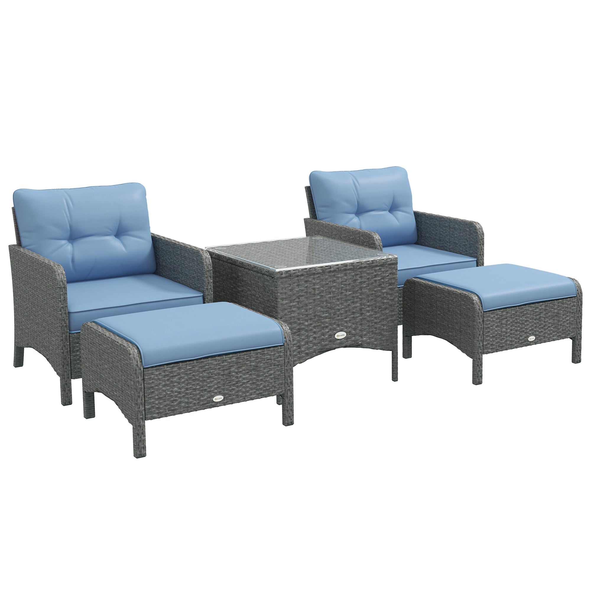 5 Pieces Garden Furniture Set Wicker Outdoor Sofa 2 Armchairs 2 Stools Glass Table Cushions Blue Rattan