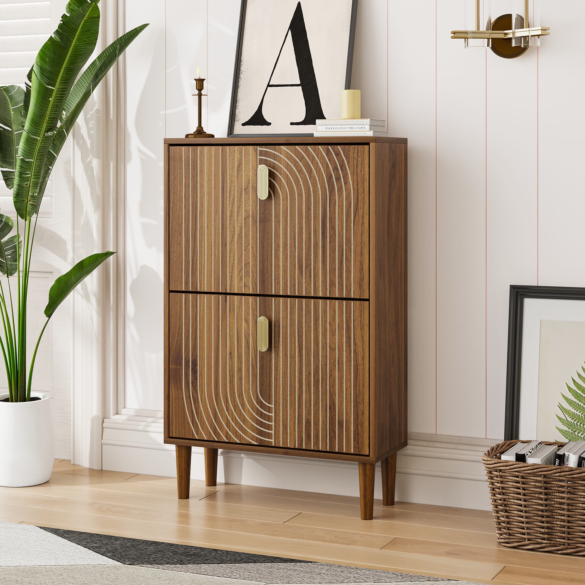 Shoe Cabinet 60cm Wide 2 Fold-Down Drawers Freestanding
