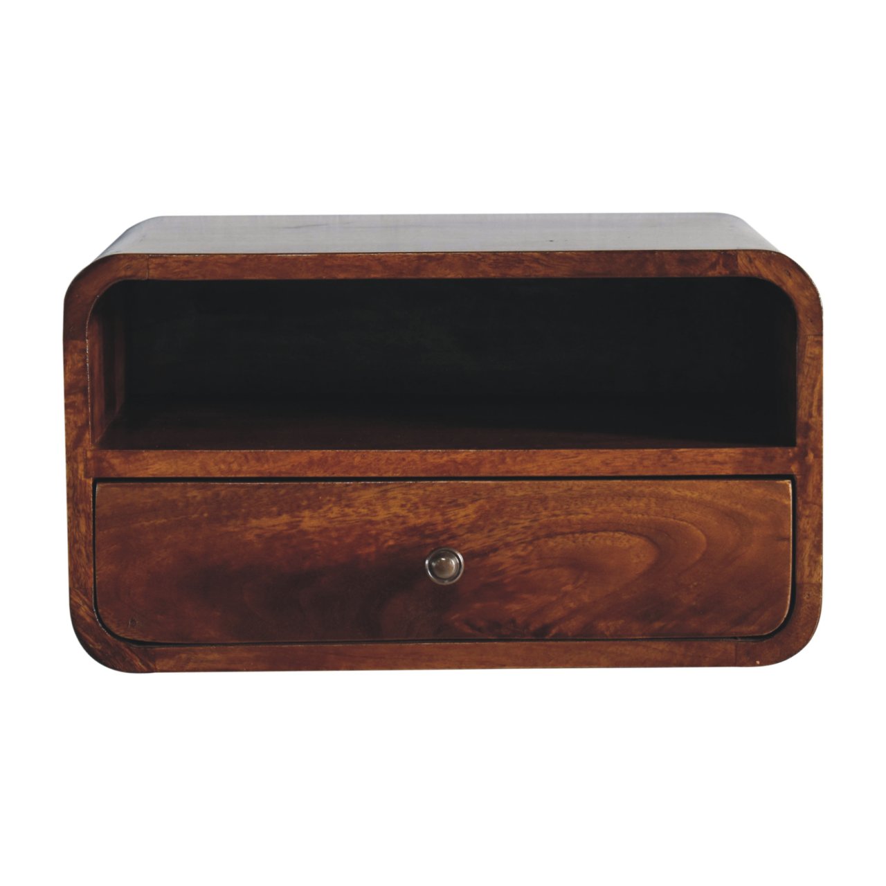 Solid Wood Floating Bedside, Large Curve 1 Drawer Open Slot, Dark Brown