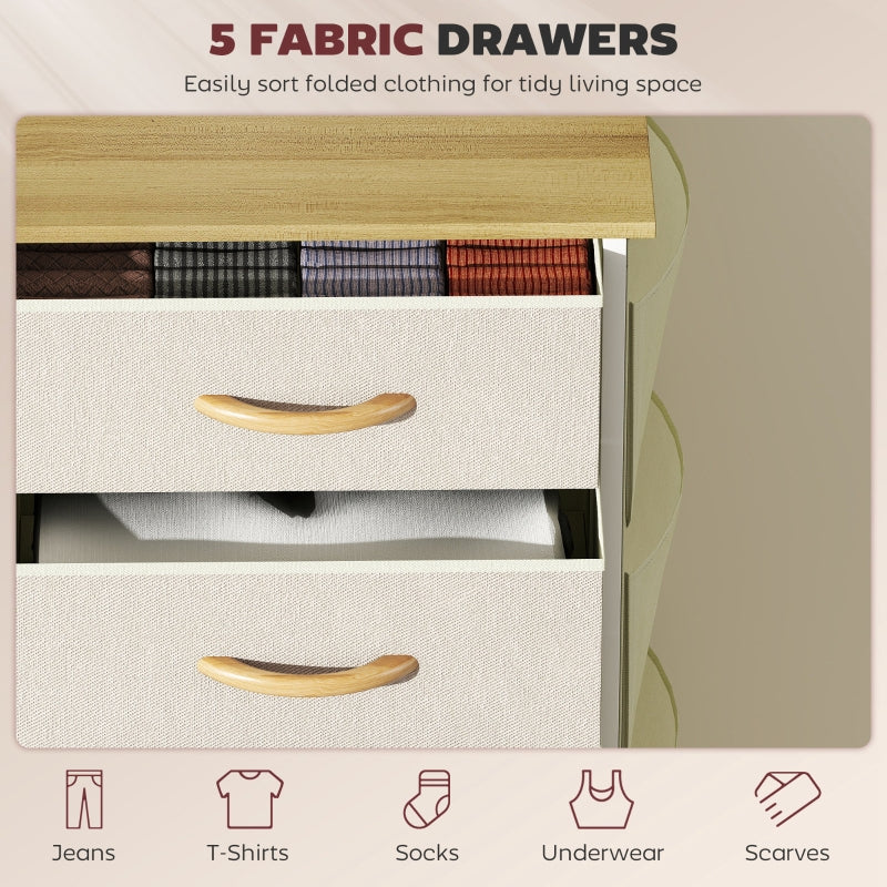 Chest of Drawers, Five Fabric Drawer Storage, Beige