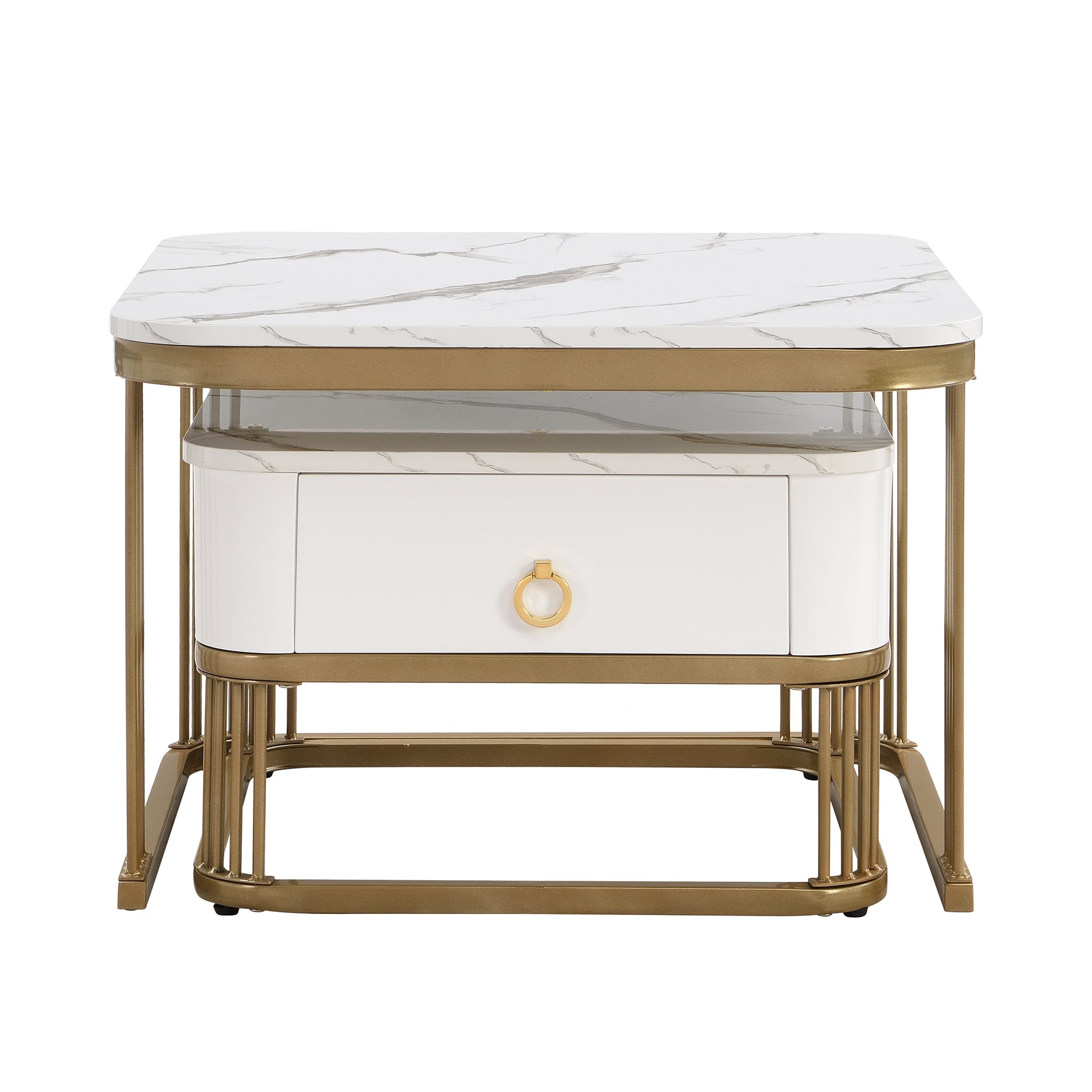 Stackable Coffee Table: Marble Look, Gold Accents, Two-Piece Set