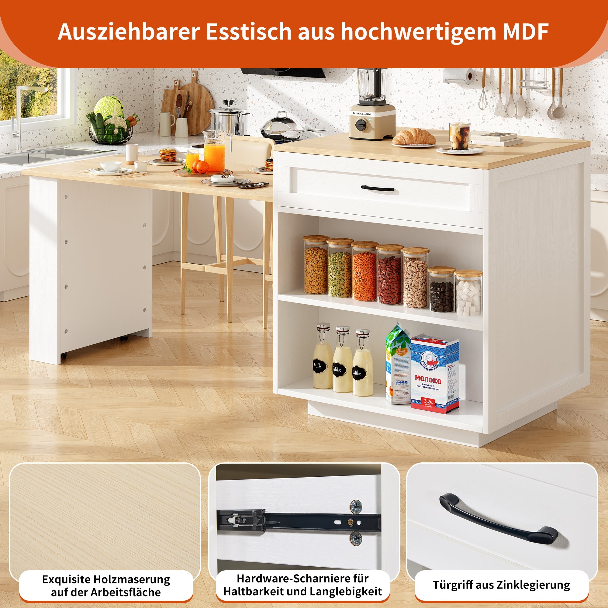 Extendable Bar Table 133-202cm with Storage, 2 Drawers & Side Shelves - White