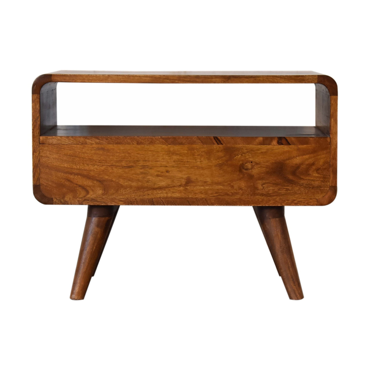 Solid Wood Mini Chestnut Curved Media Unit, 2 Drawers and Open Slot, Dark Brown