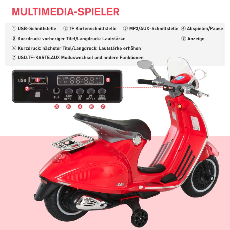 children's electric motorcycle with headlight, music, training wheels, 30 kg load capacity, red