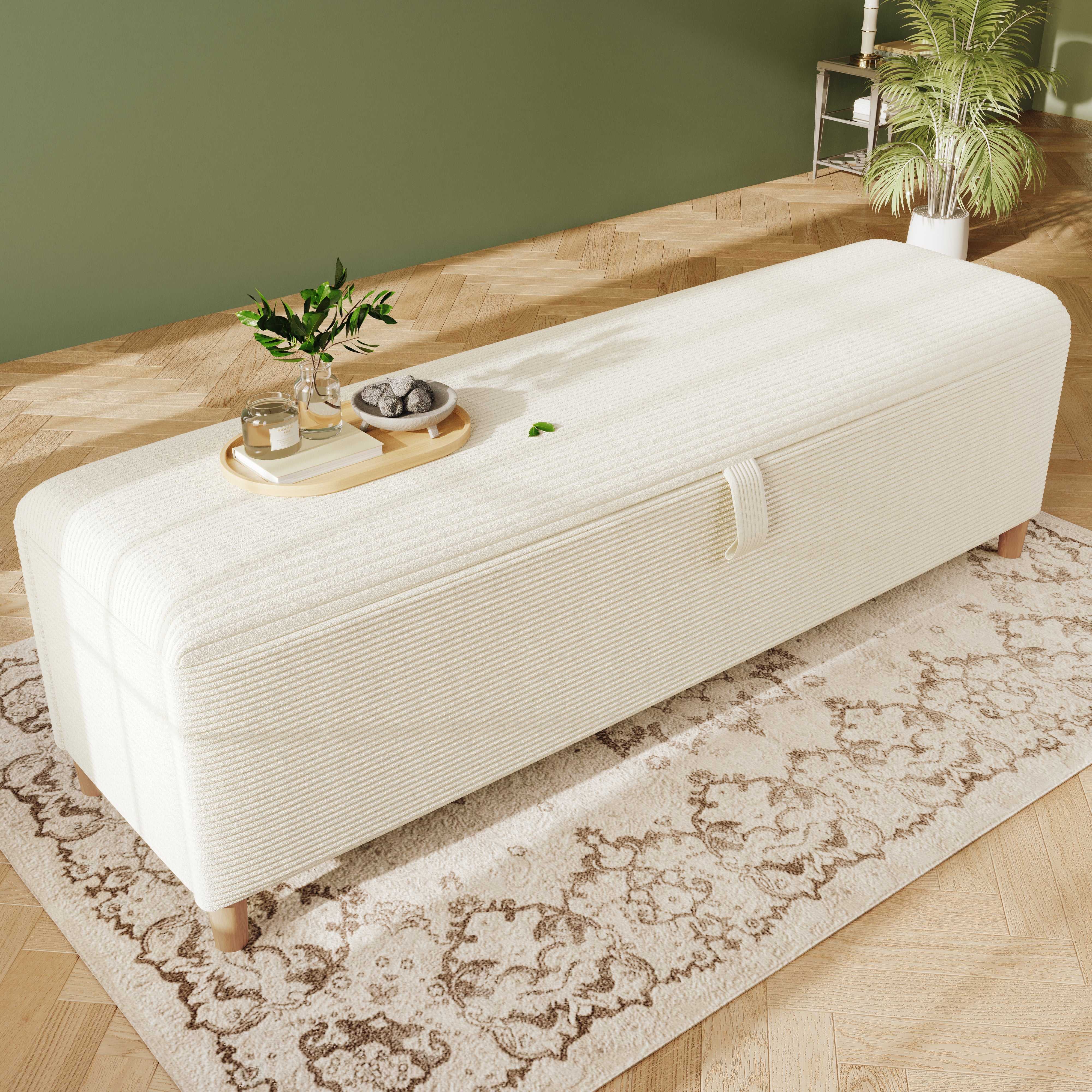 bed bench with storage space, 145 x 38 cm upholstered, beige corduroy