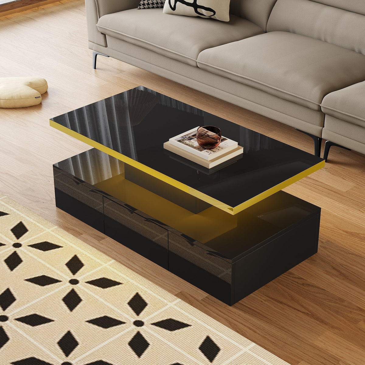 Coffee Table with Drawers, Shelves, High-Gloss Finish, LED Light