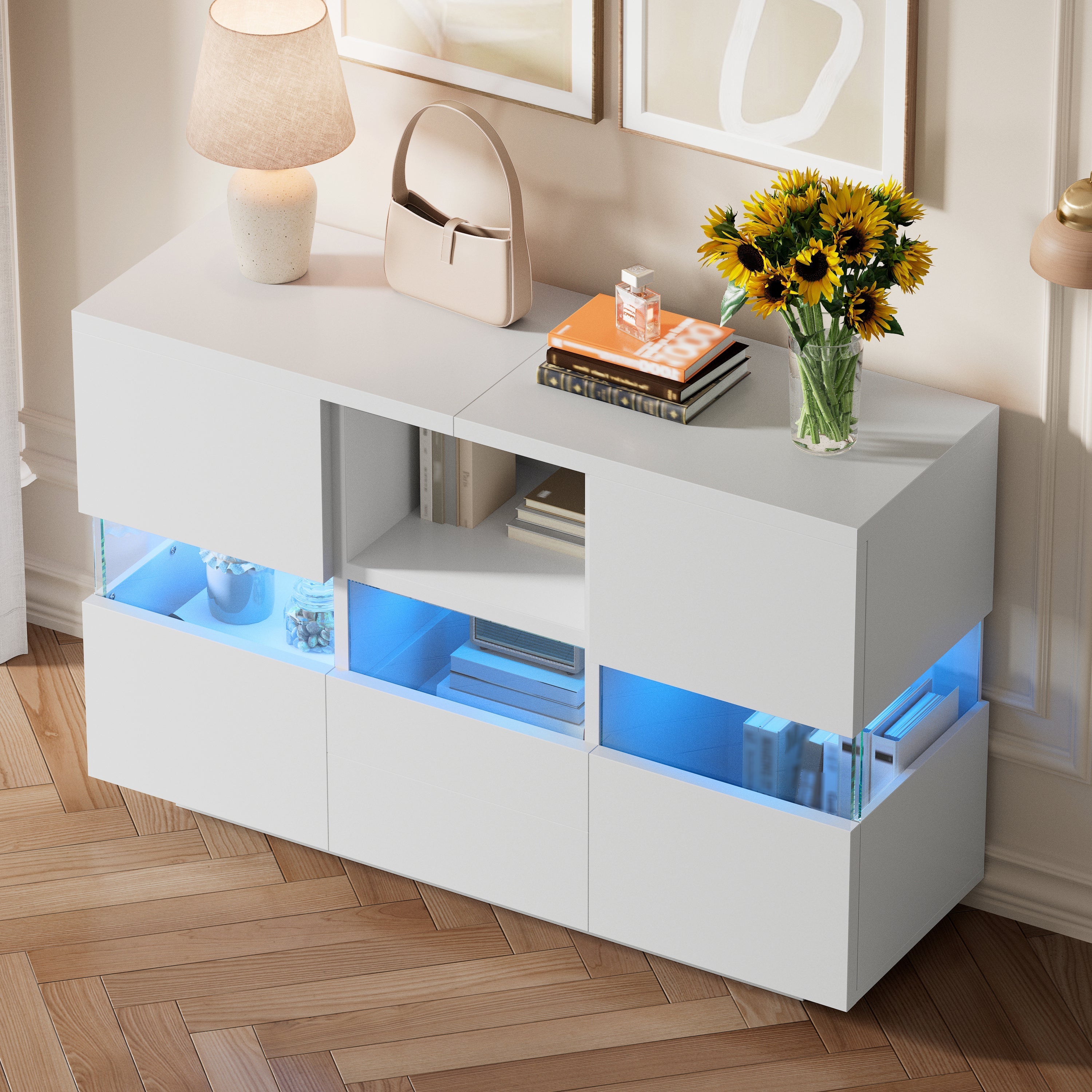 Minimalist Living Room Cabinet Double Level Floating Floor Storage White