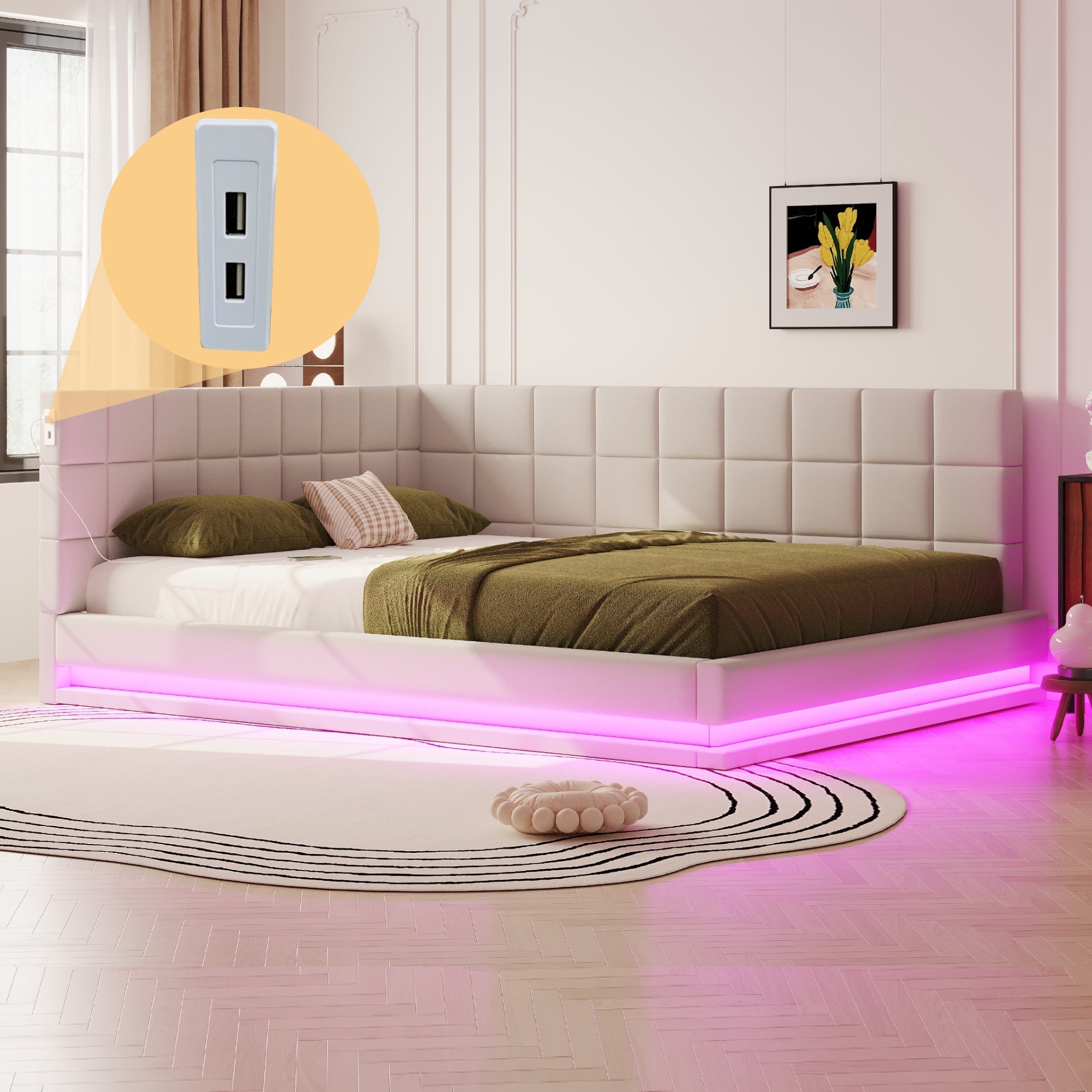 Sofa Bed, Upholstered 160*200 Multifunctional with LED, USB, Linen Fabric Beige