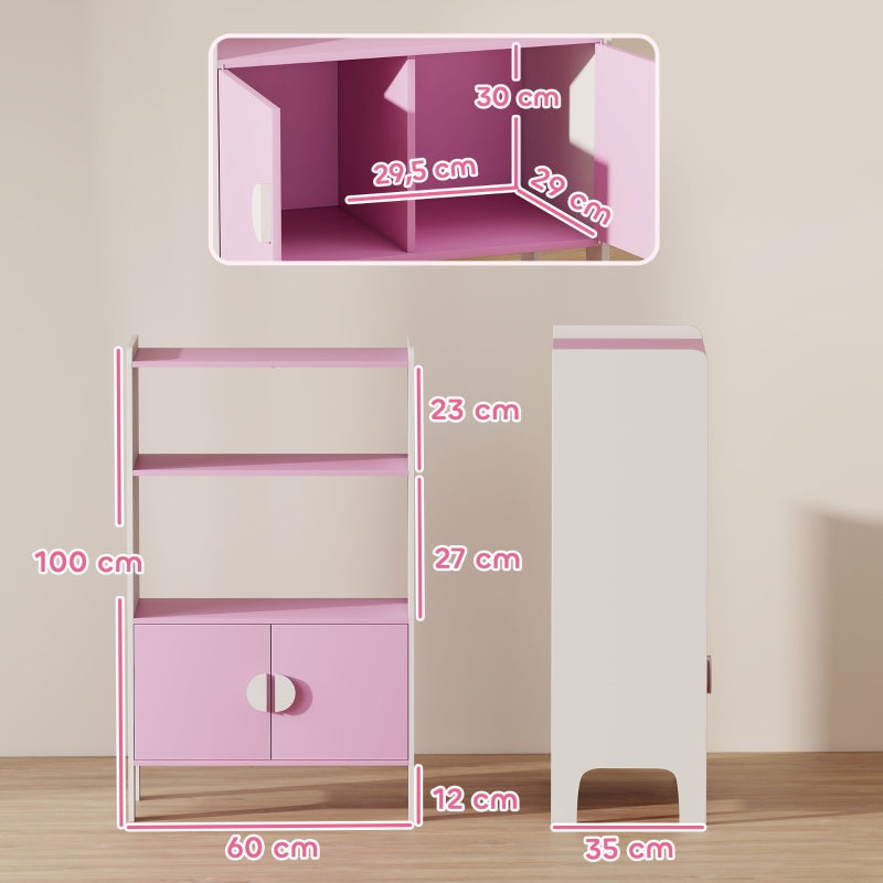 Kinderbücherregal, 2 Ablagen 2 Schränke freistehend, Pink+Weiß MDF