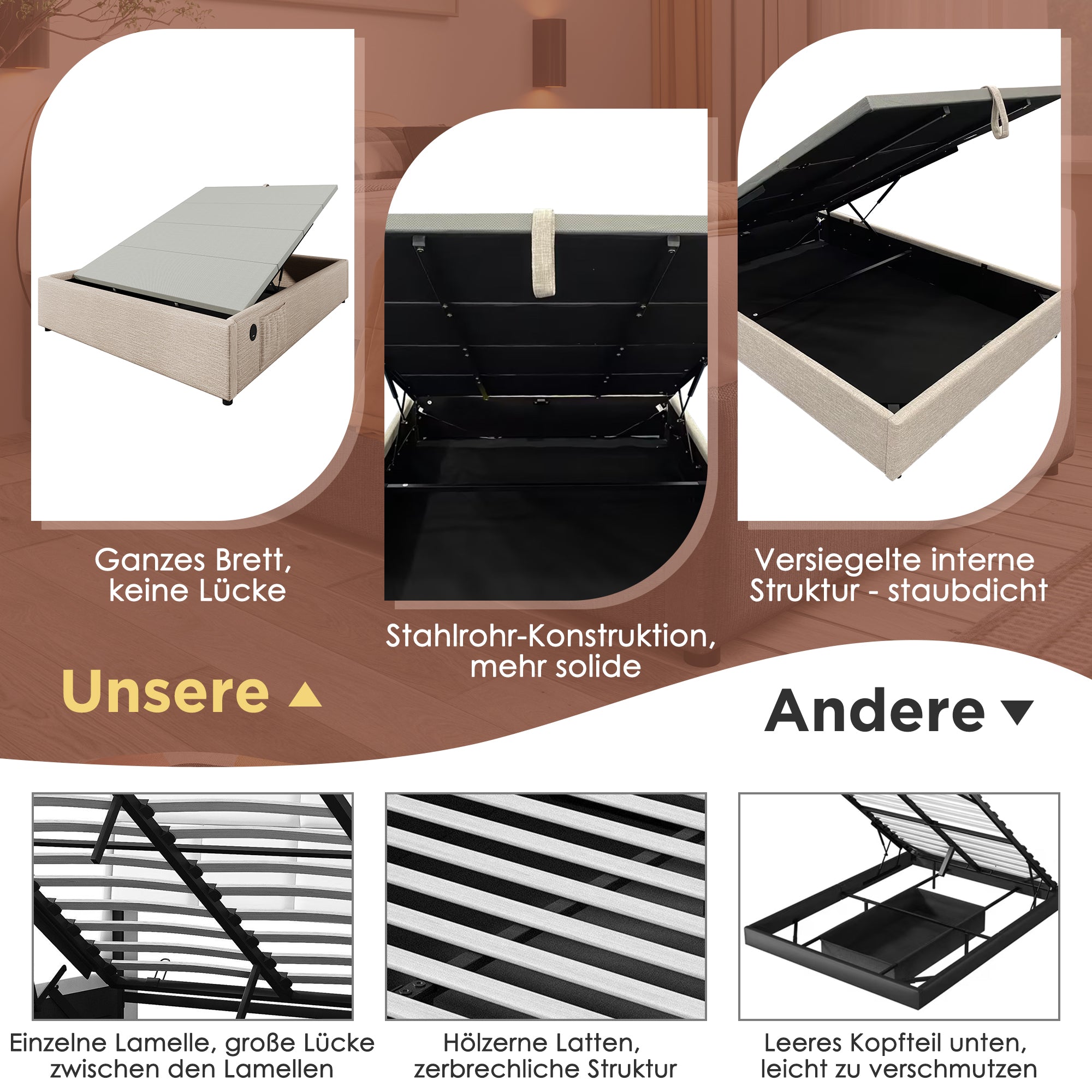 Upholstered Double Bed with Storage and USB-C, 160x200cm, Natural Linen