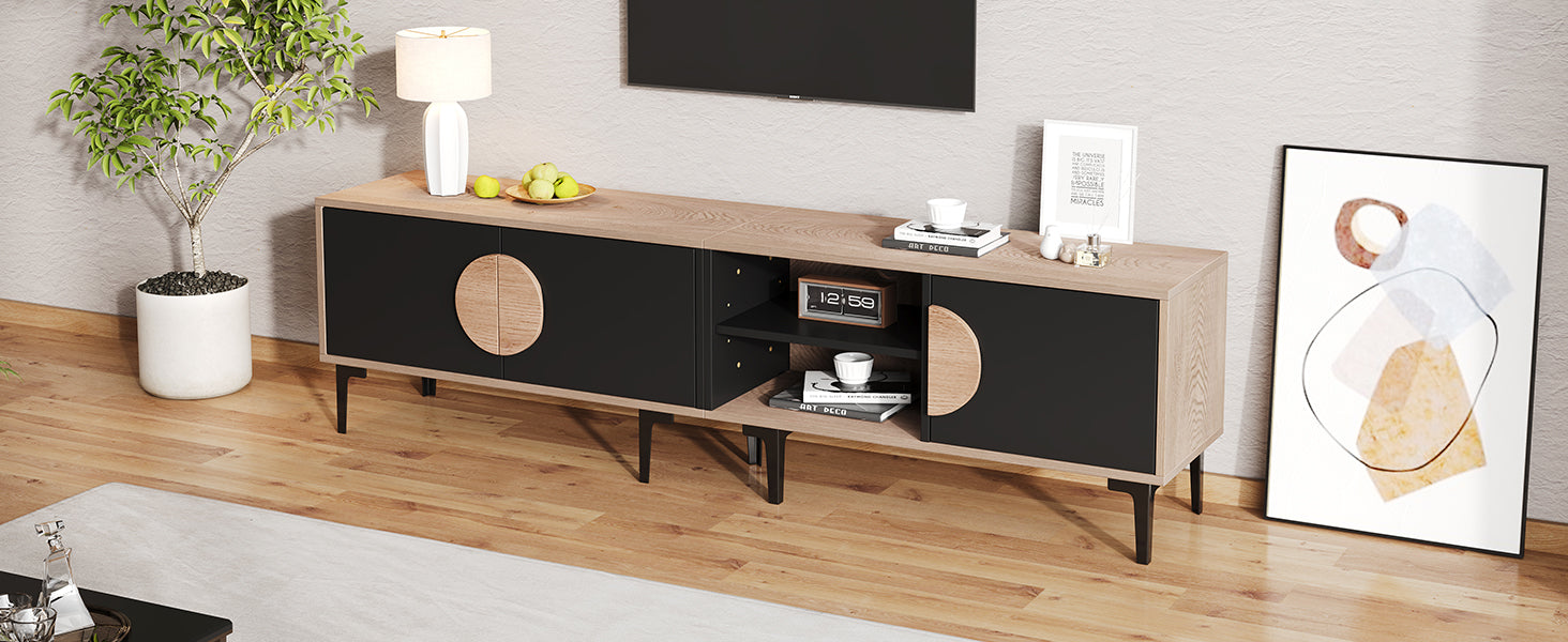 TV Cabinet Lowboard 180cm 2 Cabinets Open Shelves for 80 Inch TV - Wood/Black
