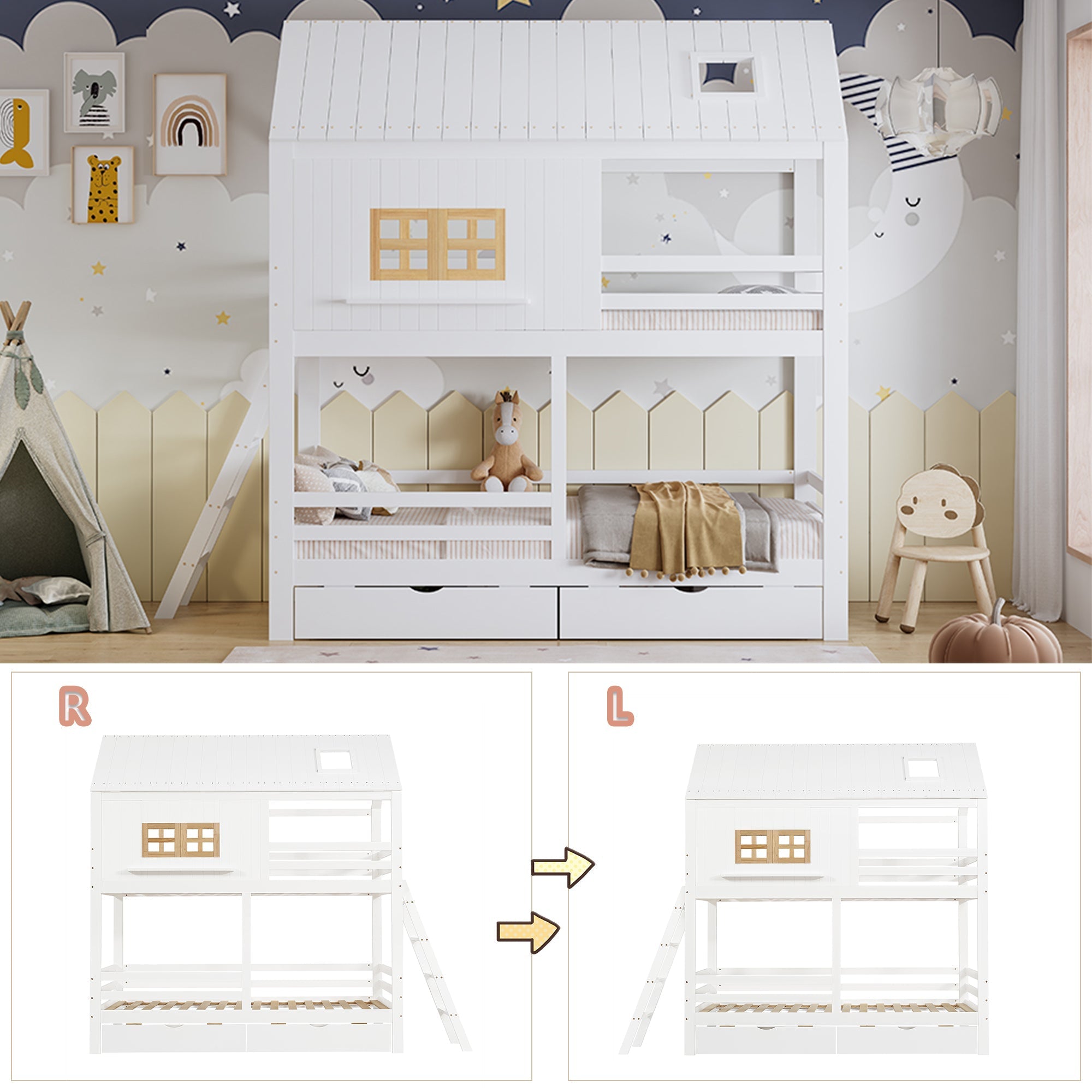 Bunk Bed 90x200cm House Design 2 Drawers Ladder - White/Natural