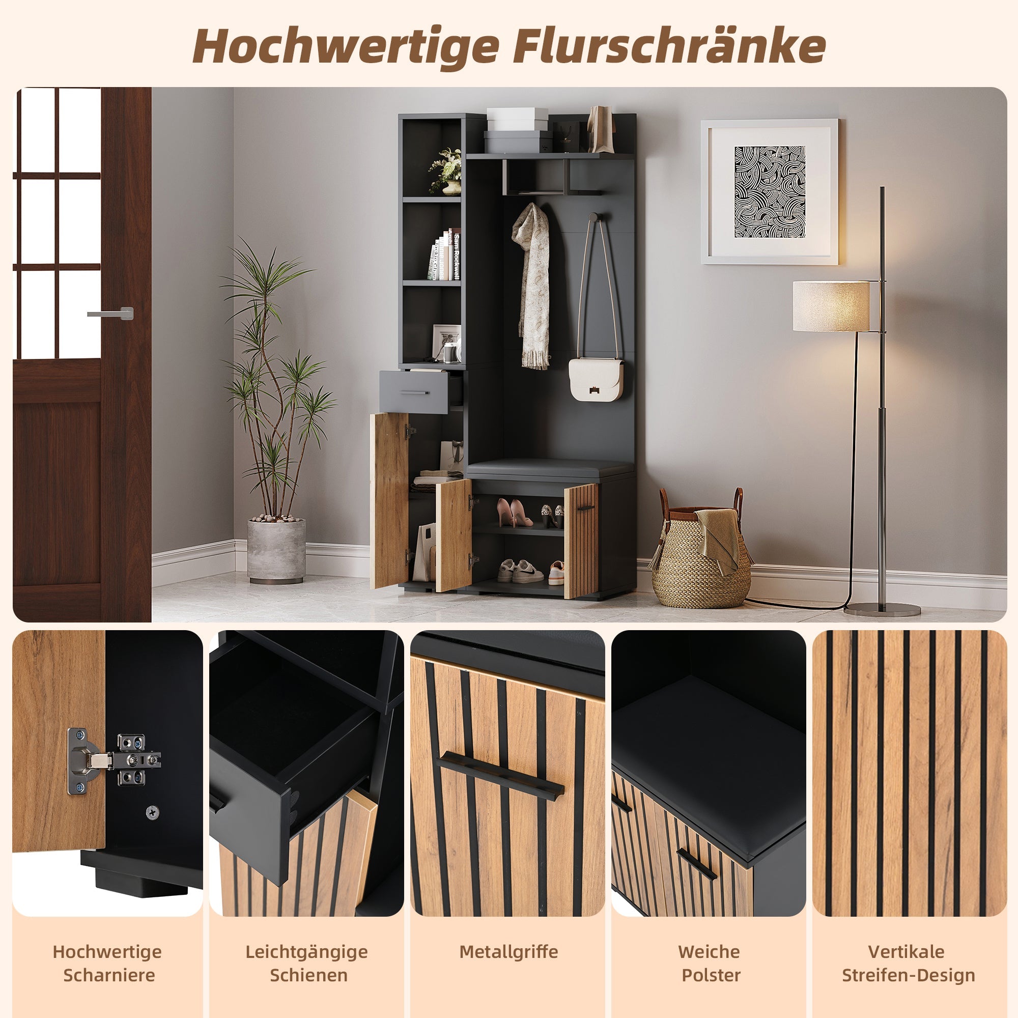 Compact Wardrobe 80*35*175cm 2 Cabinets Coat Rack Shoe Bench Upholstered, Black + Wood Color
