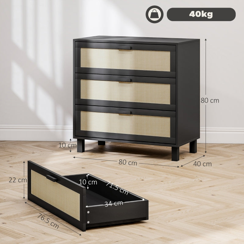 Rattan Chest of Drawers, 3 Drawer Boho Storage Unit, Black