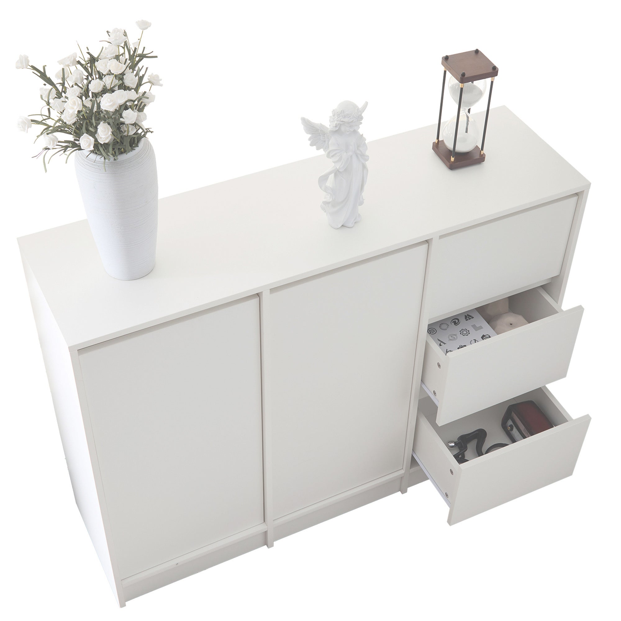 Modern Sideboard Chest of Drawers Shoe Cabinet with Storage, Two Doors, Three Drawers, Adjustable Shelf, White