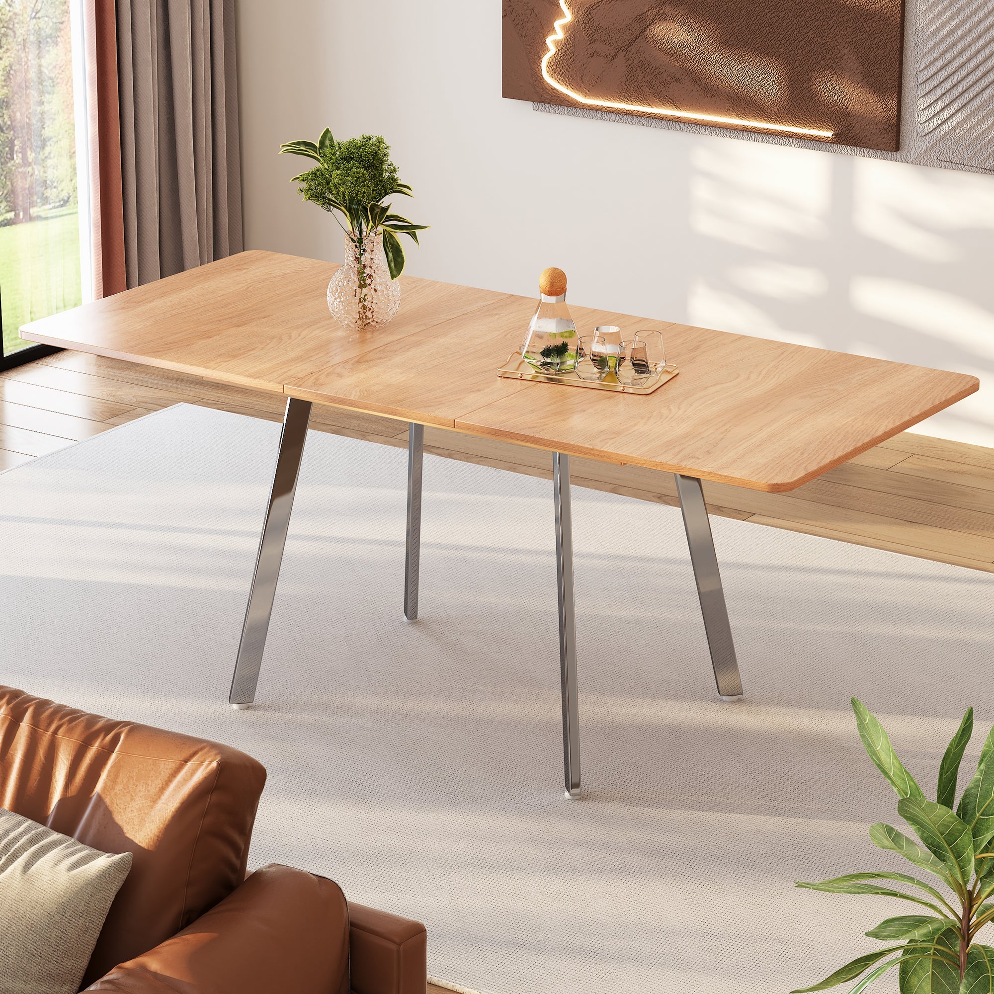 Extendable Dining Table, 140-180cm for 4-6 People with Alloy Support, Natural and Silver Chrome