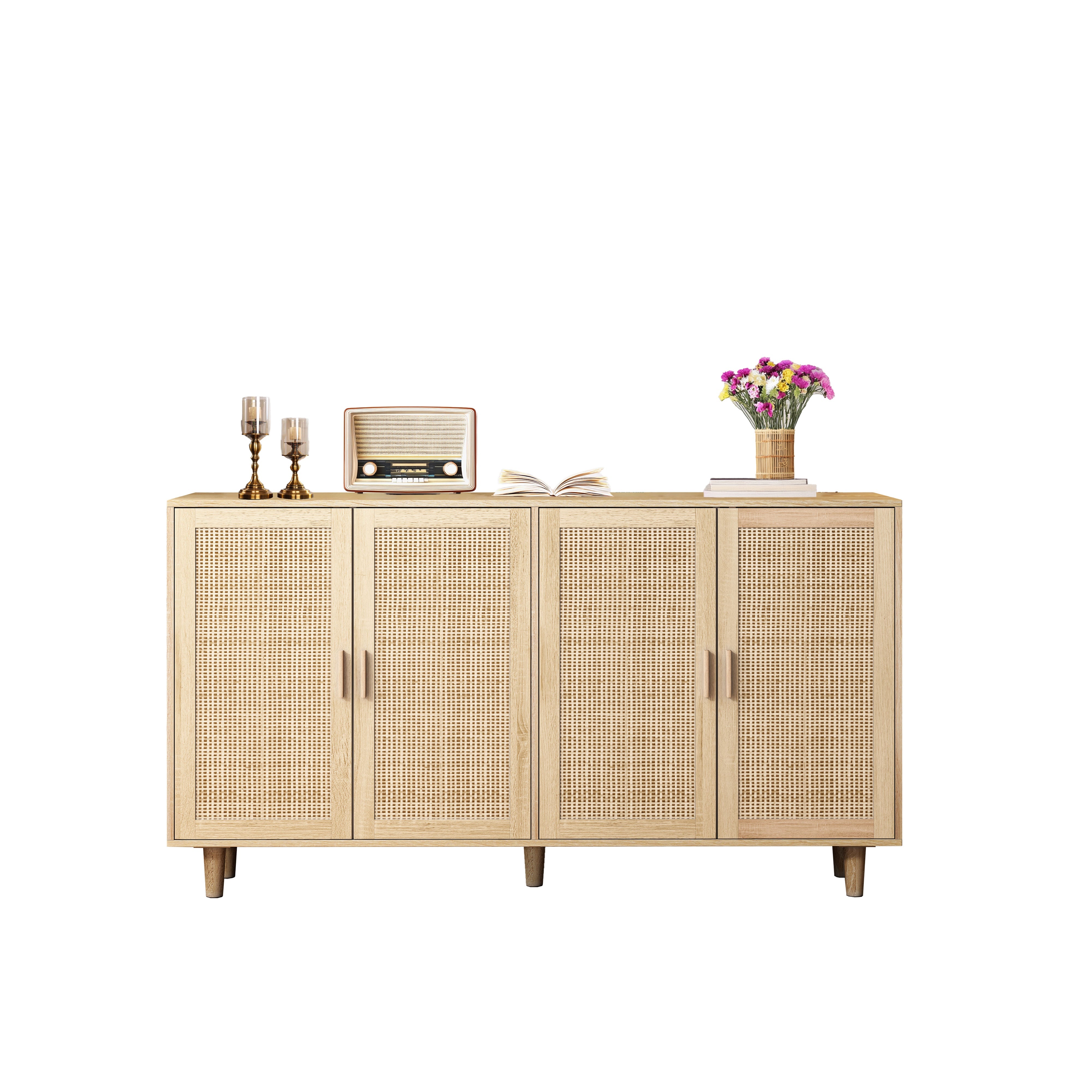 Rattan Decorative Storage Cabinet, 158CM 4-Door, Natural