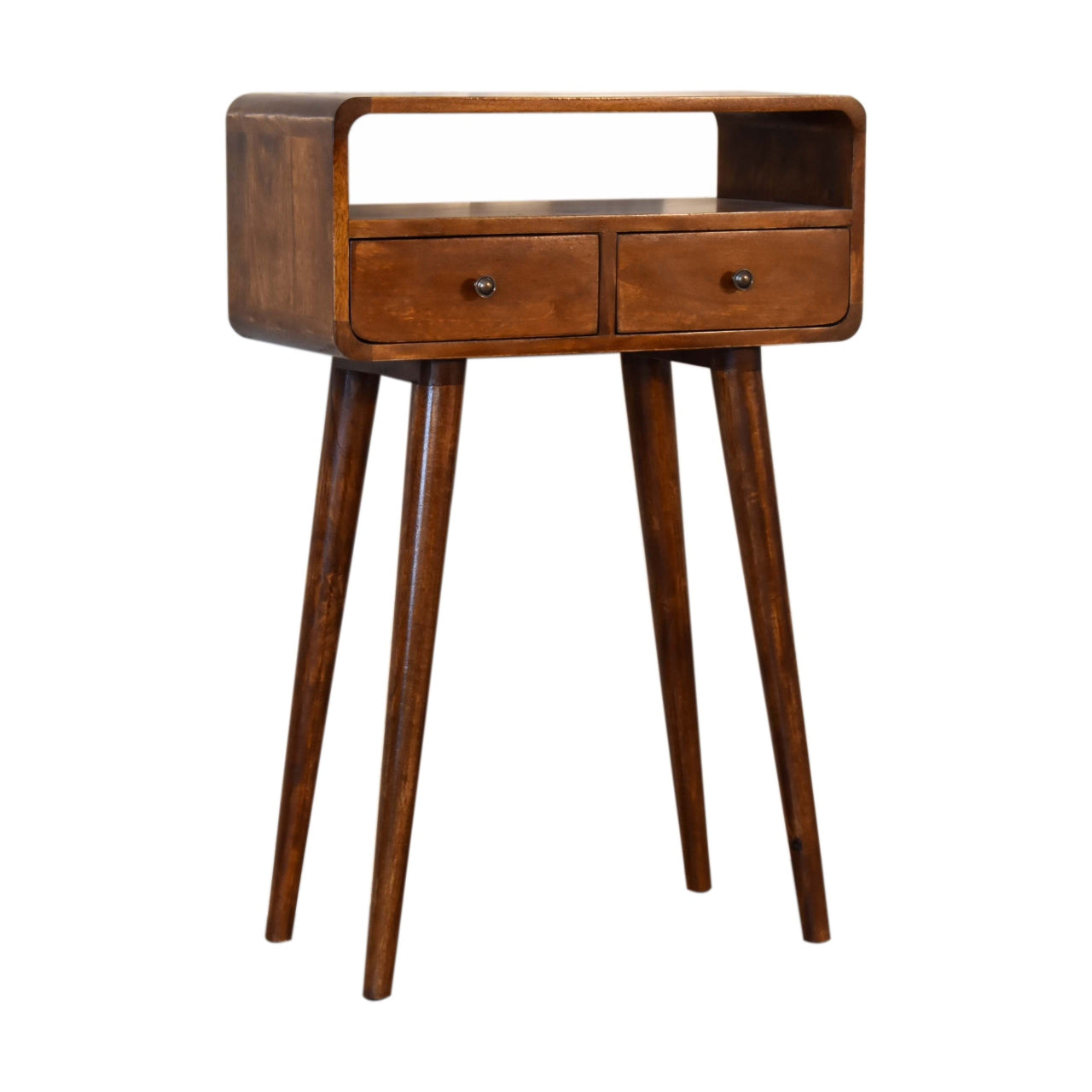 Solid Wood Mini Console Table, 2 Drawers and Open Slot, Dark Brown