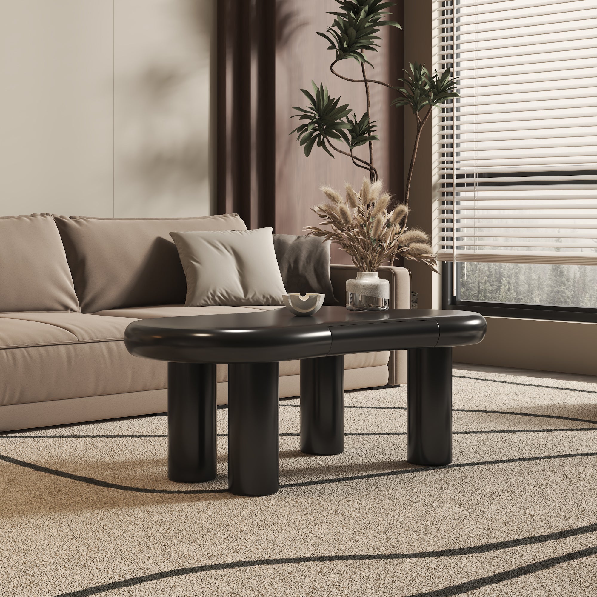 Coffee Table, Cloud-Shaped with 16-Color LED & Drawer, Black MDF