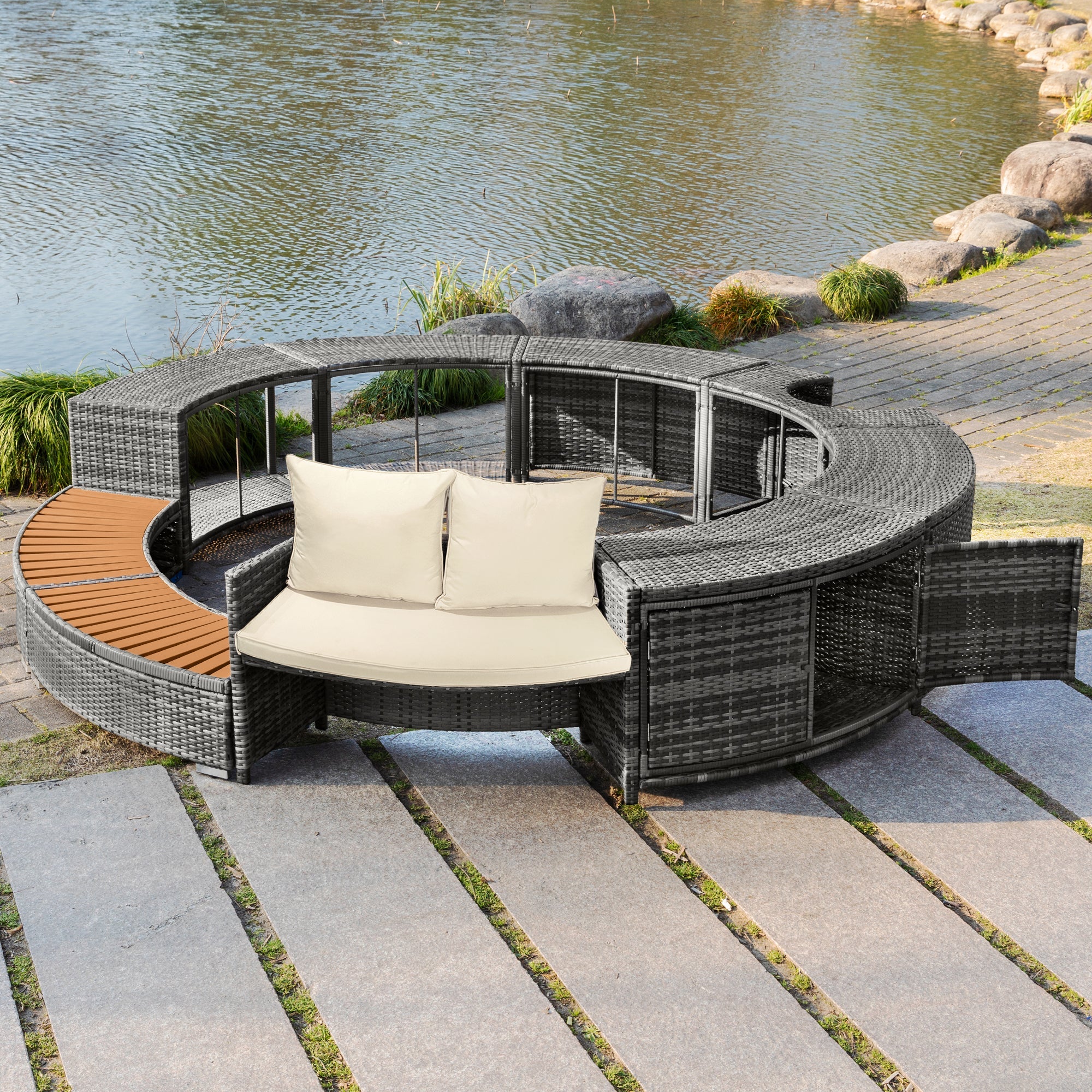 Garden Lounge Set Round Sofa Adjustable Feet Cushions