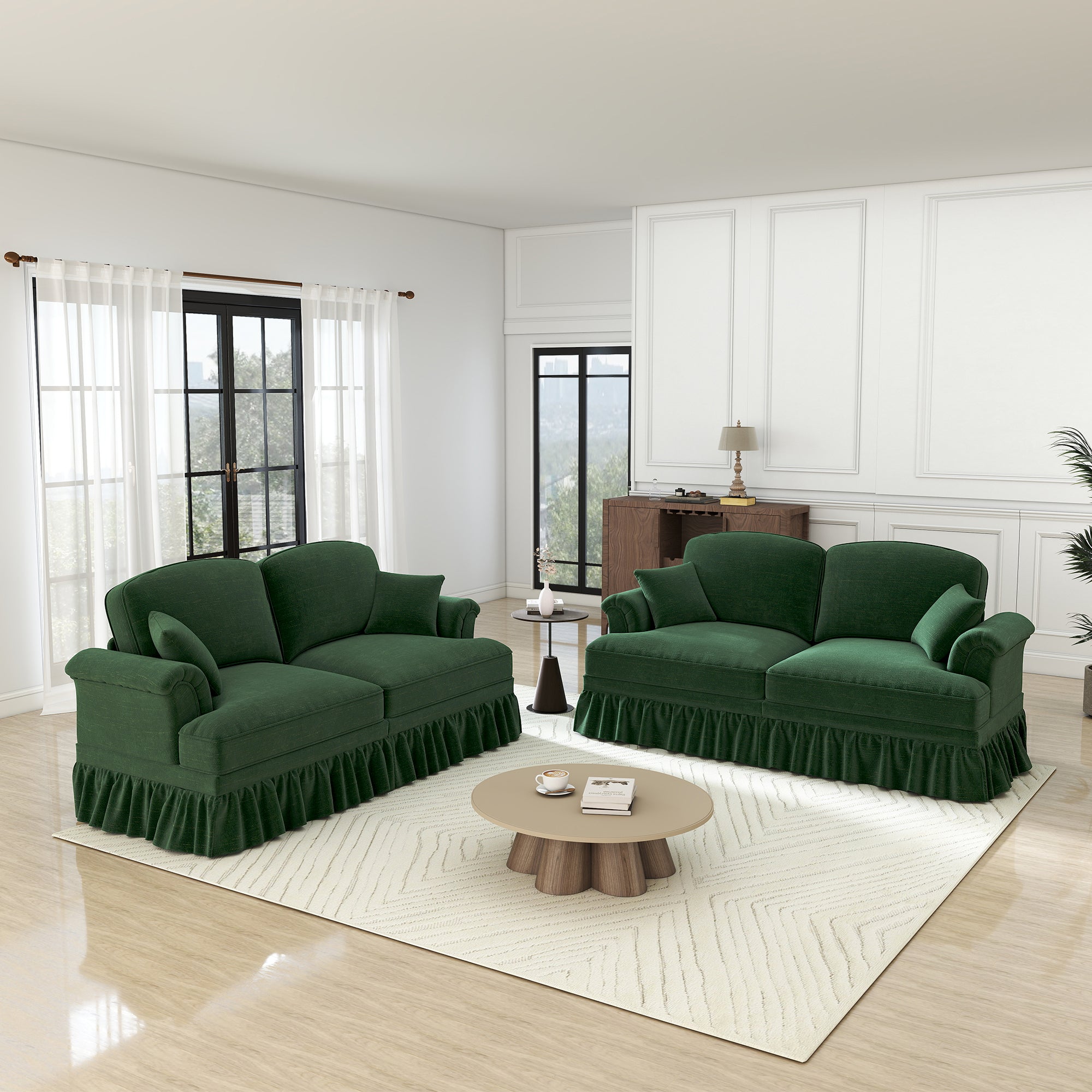 L-Shaped Sofa Mid-Century 2-Seater Movable Ottoman - Green Chenille