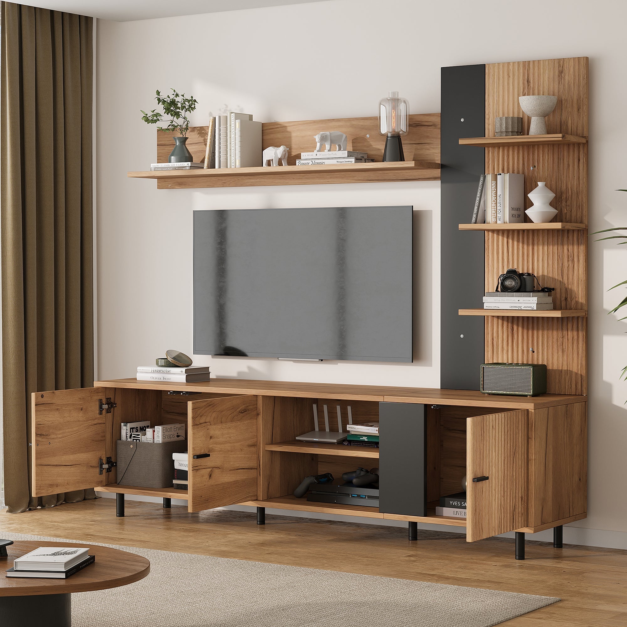 TV Wall Unit Set with Display Cabinet and Open Shelves for TV up to 80", Wood Color and Black