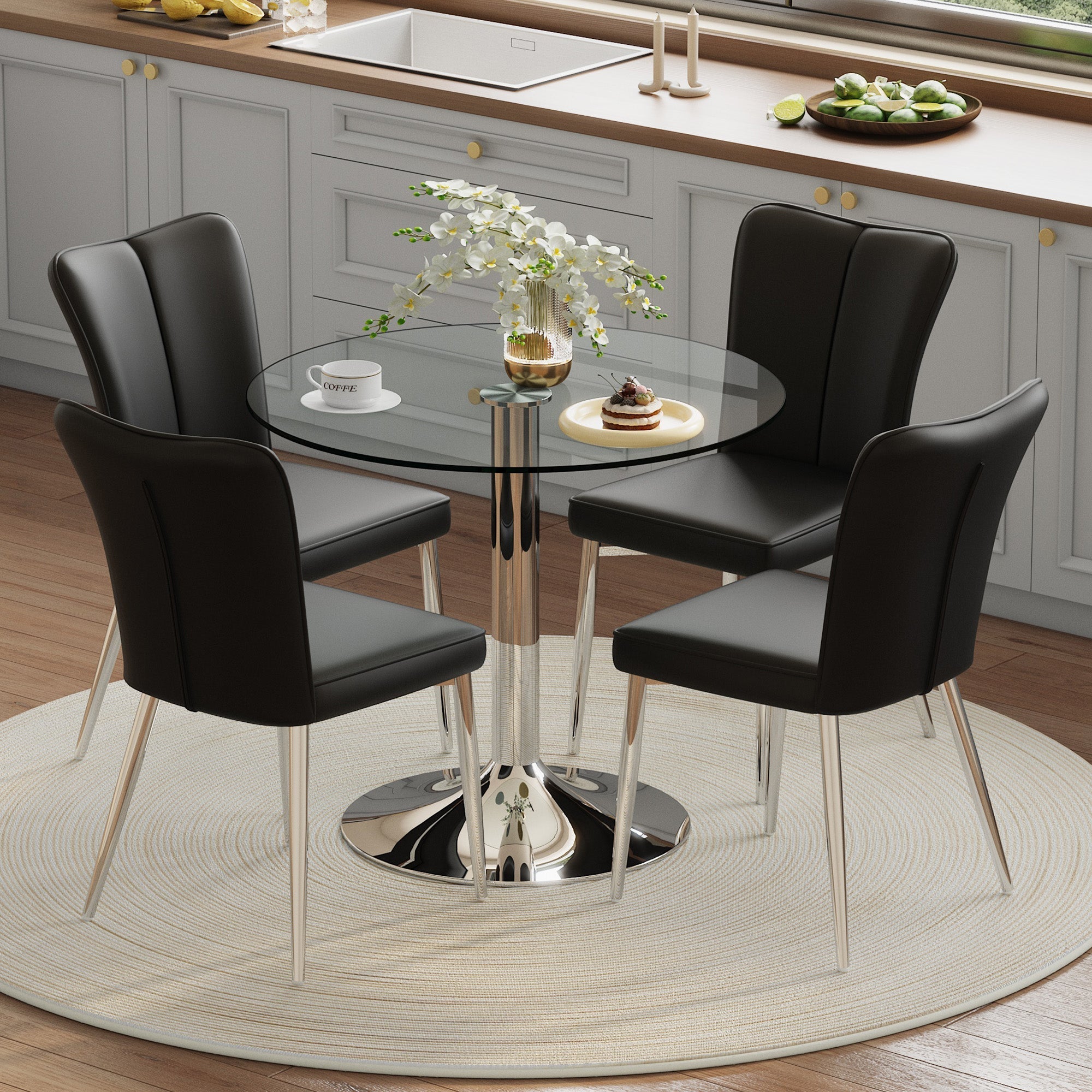 Dining Set 85cm Tempered Glass Table 4 PU Chairs Minimalist - Black