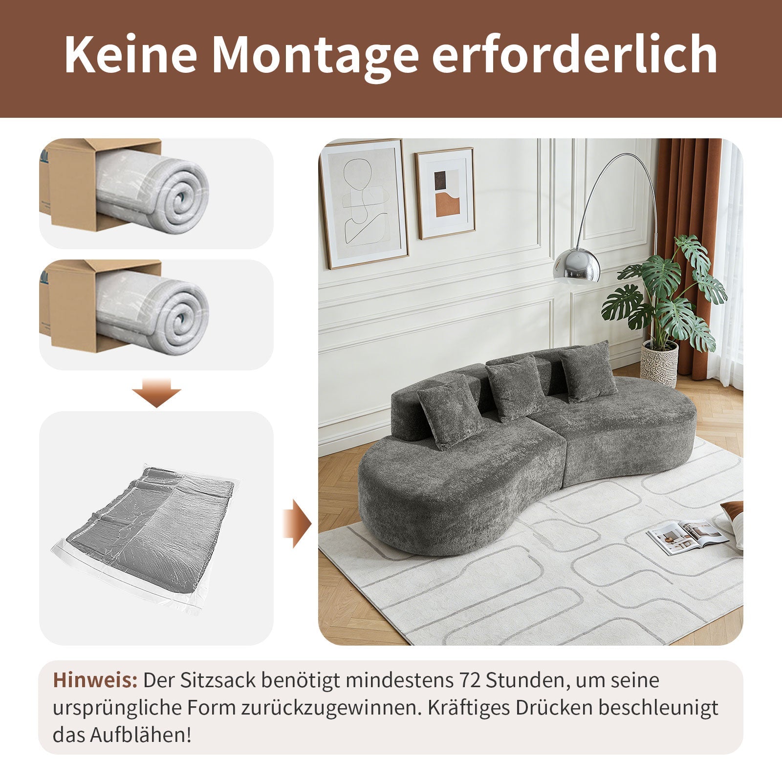 Corner Sofa Modern Curved 3-Seater - Bouclé