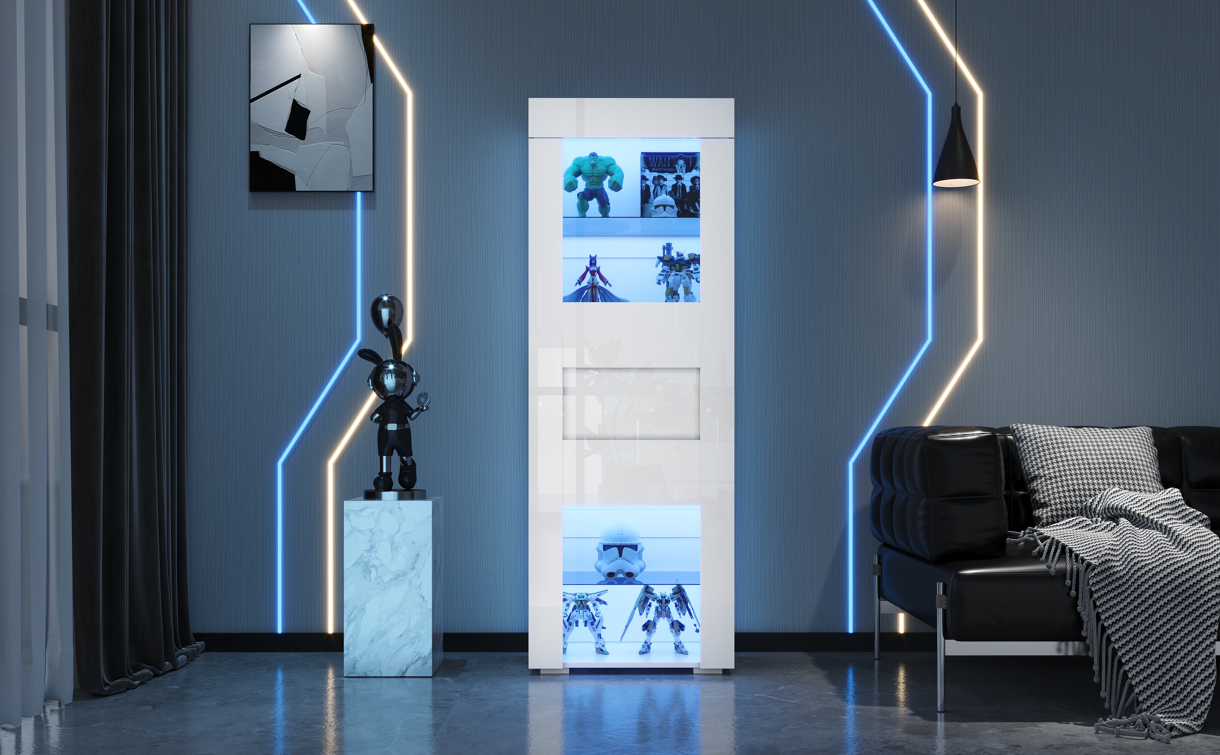 Cabinet High-Gloss Display Storage with LED Lighting, 2 Glass Shelves, White